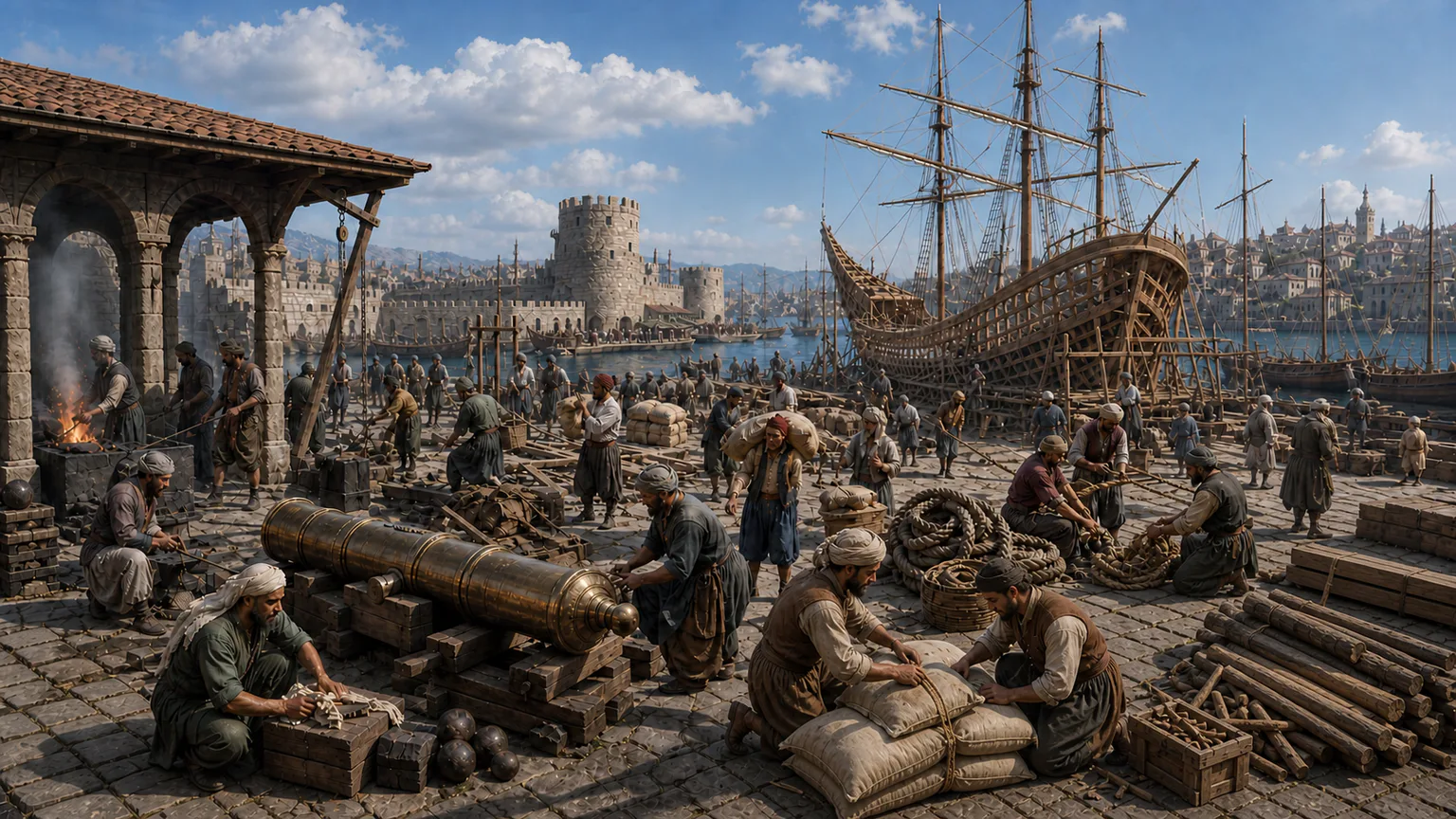 AI-generated evidence-guided visualization related to Gunpowder and maritime empires expanded, 1500-1800 CE.