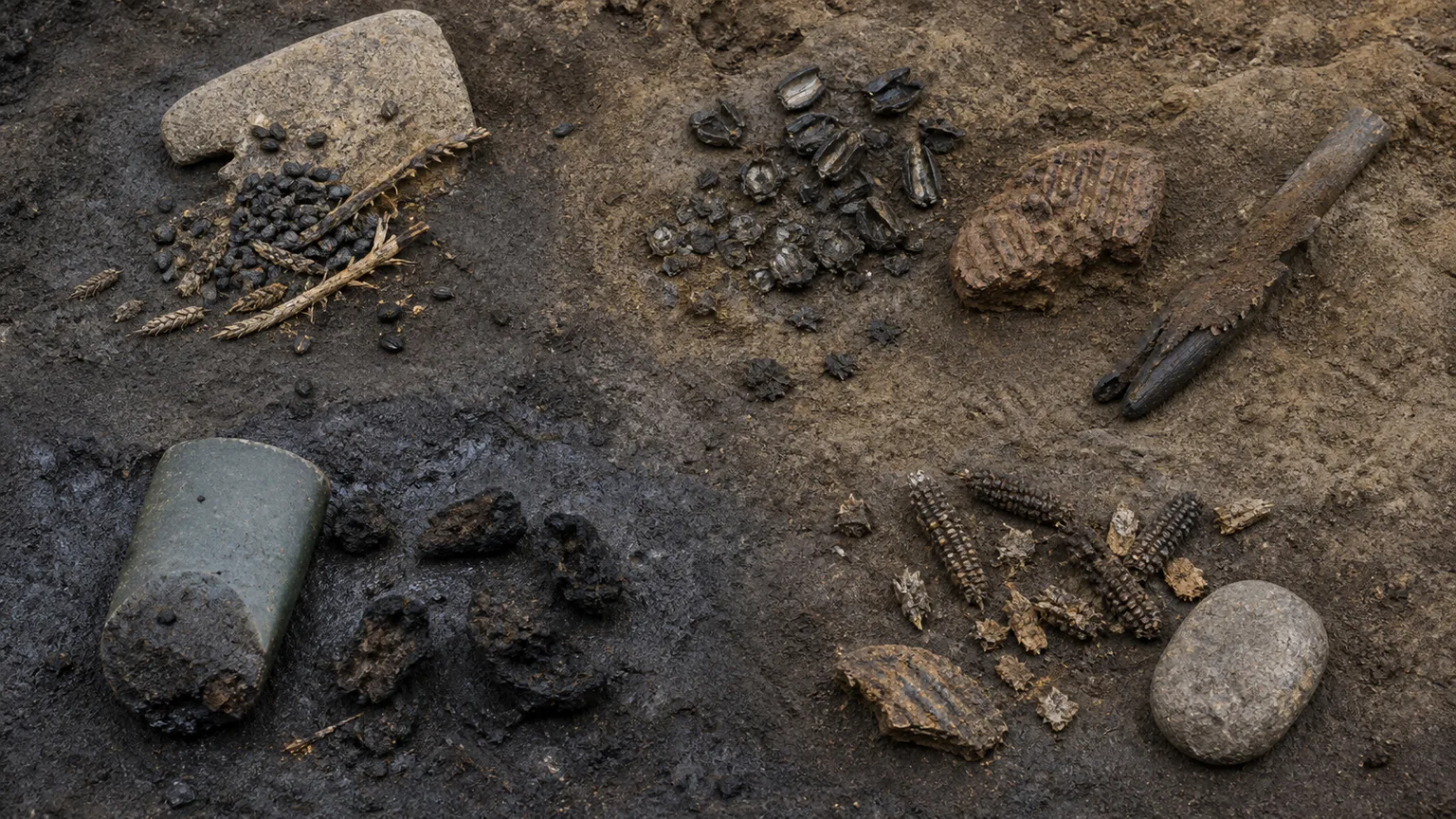 AI-generated evidence-guided visualization related to Food production developed in multiple regions, c. 10,500-3500 BCE.