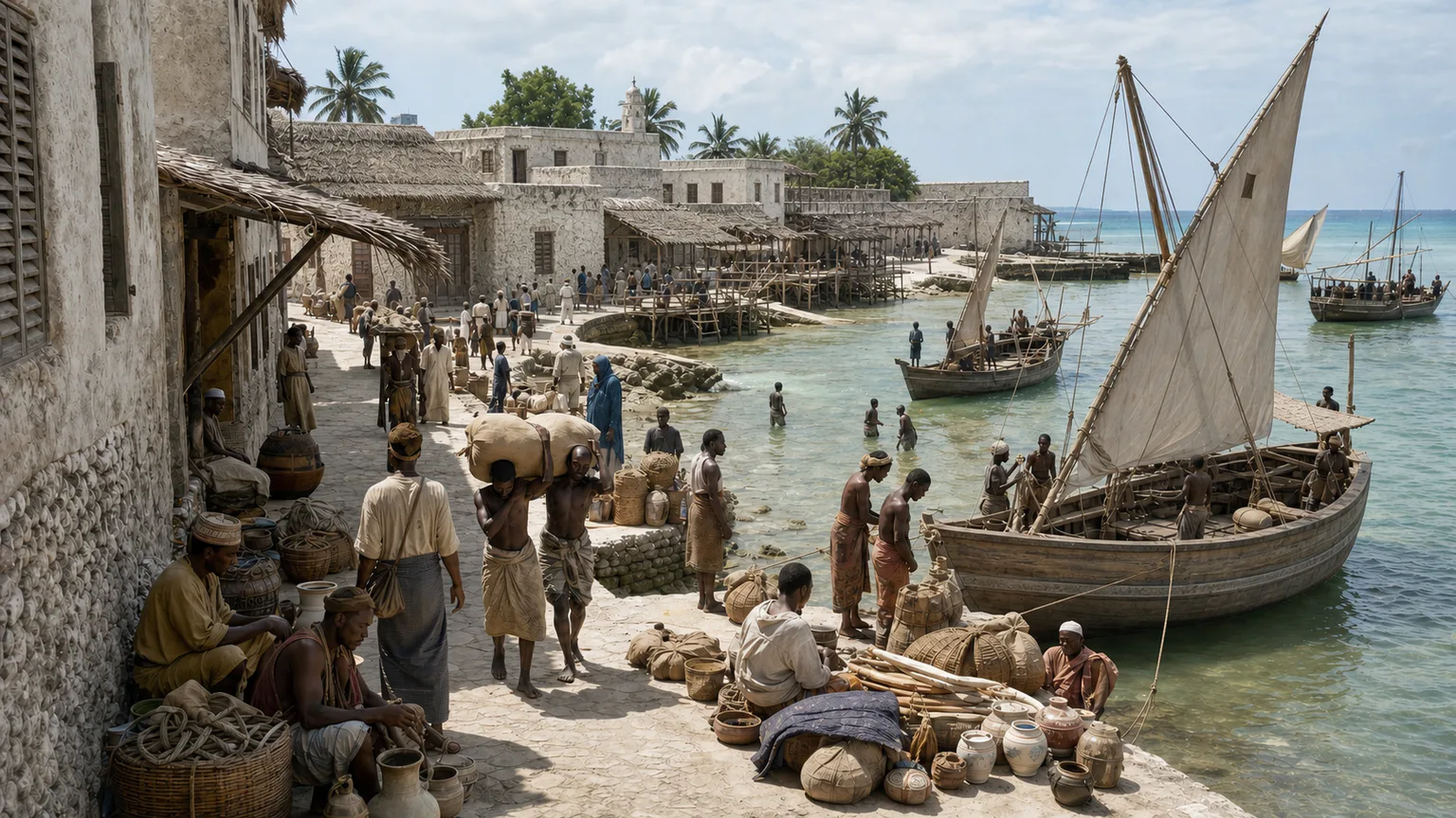 AI-generated evidence-guided visualization related to Monsoon trade sustained oceanic cities, 1000-1500 CE.