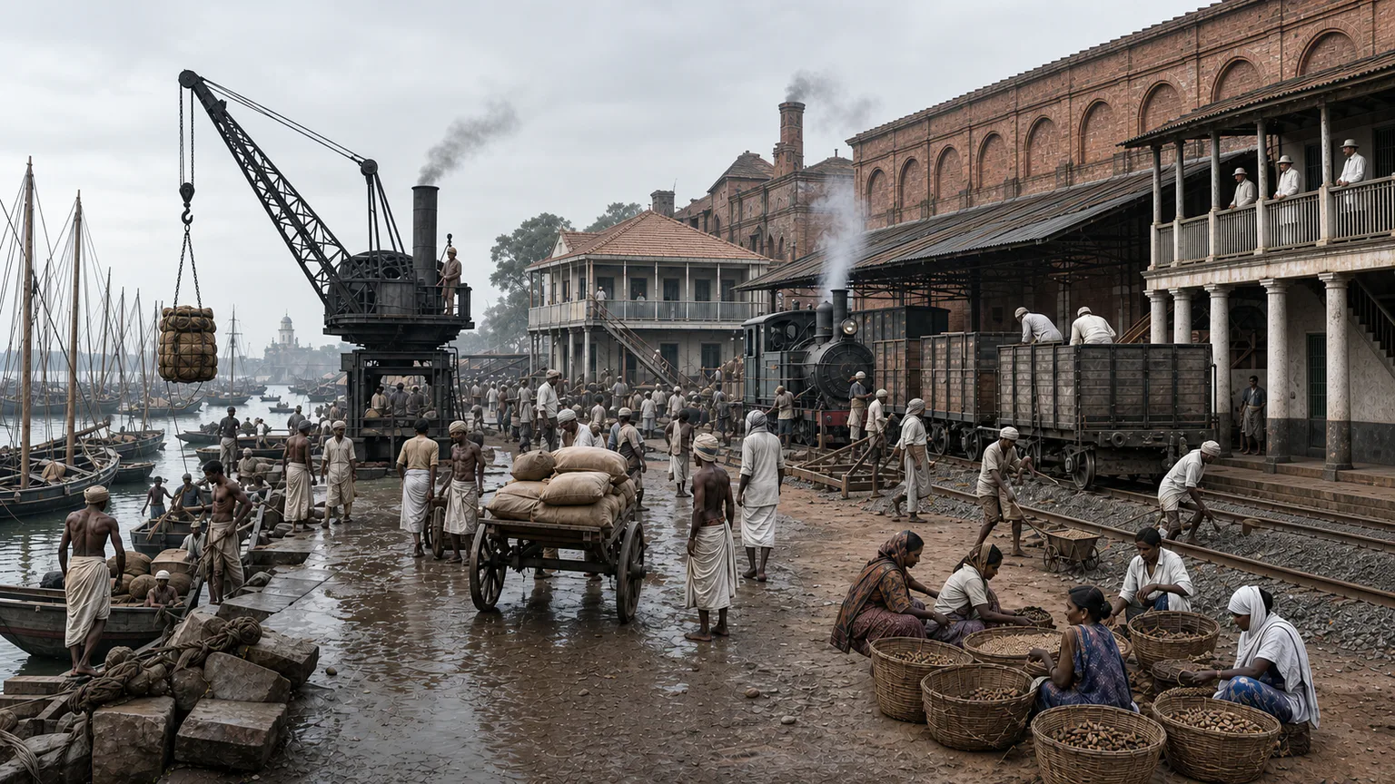 AI-generated evidence-guided visualization related to Industrial empires reorganized land and labor, 1800-1945 CE.