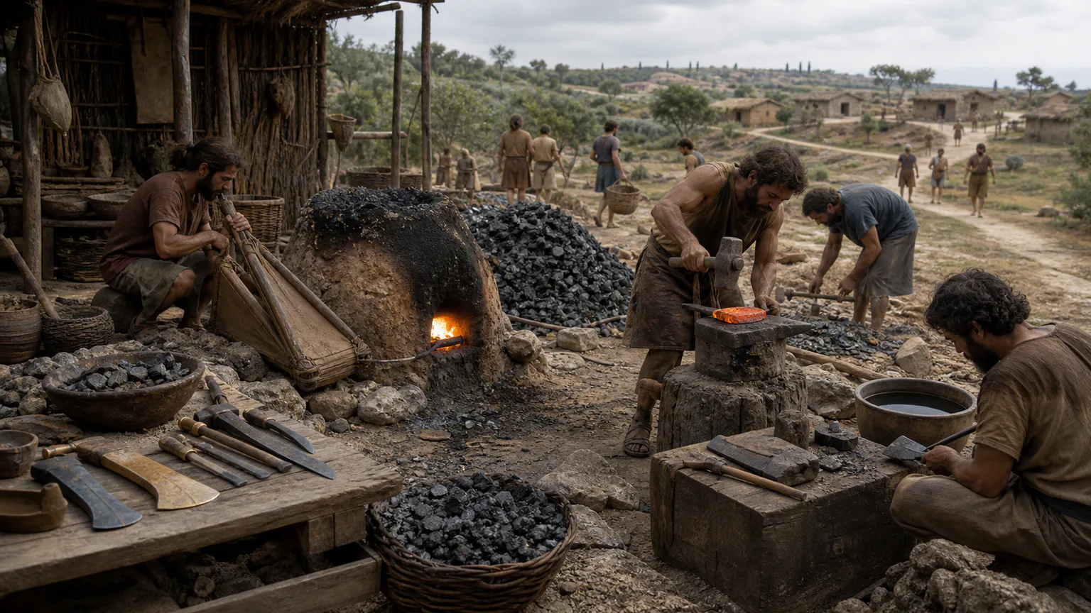 AI-generated evidence-guided visualization related to Iron metallurgy spread through regional networks, c. 1200-500 BCE.