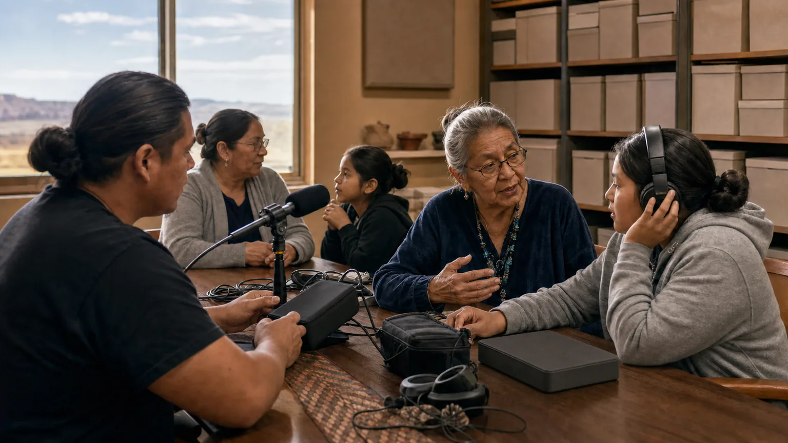 AI-generated evidence-guided visualization of a contemporary Diné language-recording session with elders, youth and community archivists, 2000-2026 CE.
