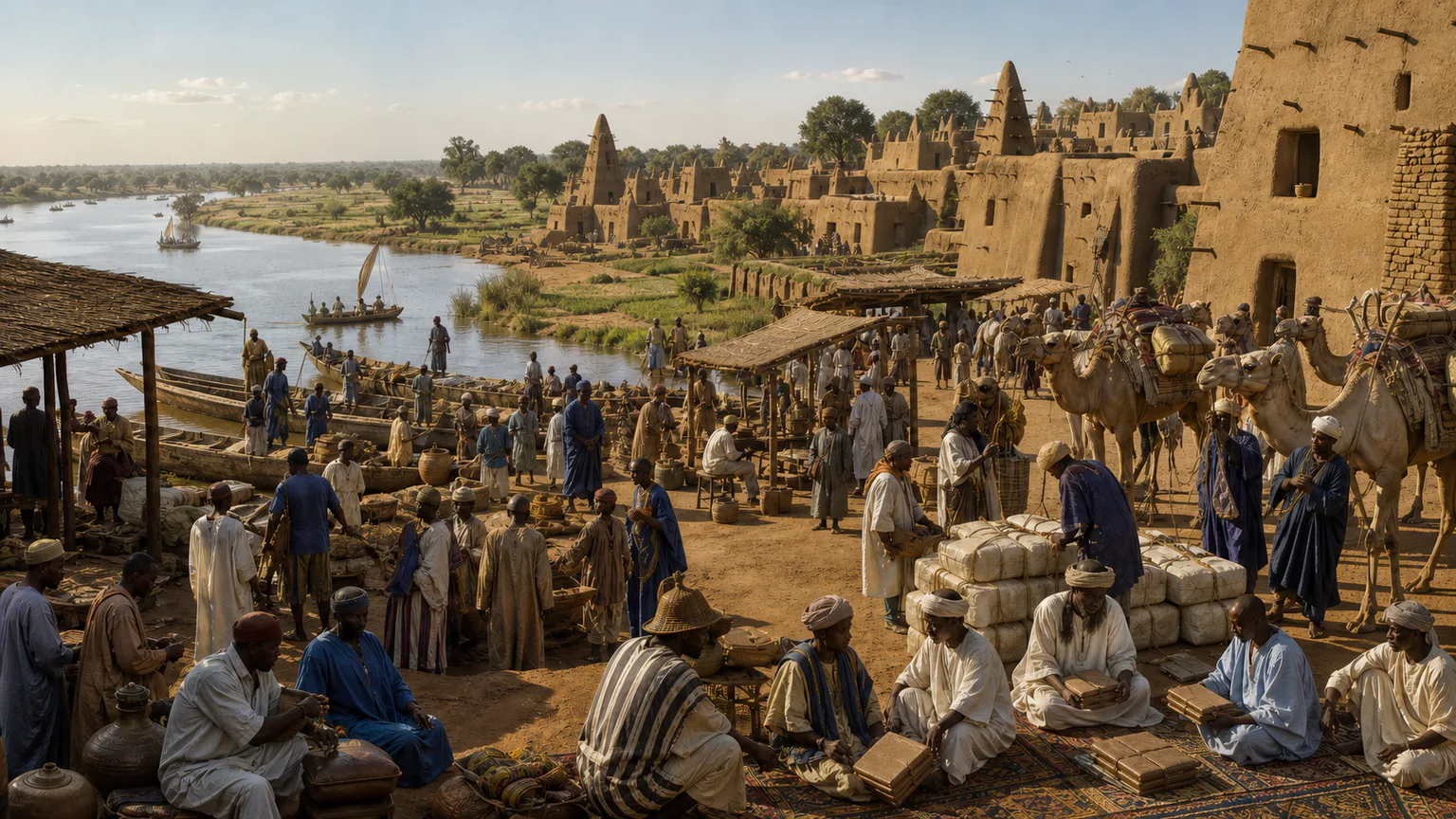 AI-generated evidence-guided visualization related to Mali and trans-Saharan exchange, c. 1235-1500 CE.