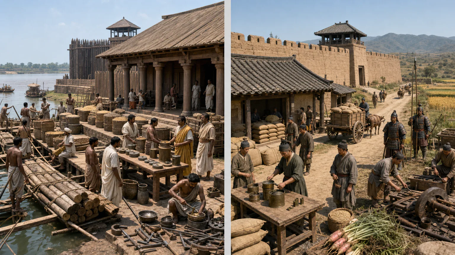 AI-generated evidence-guided visualization related to Maurya and Han dynastic governance, 322 BCE-220 CE.