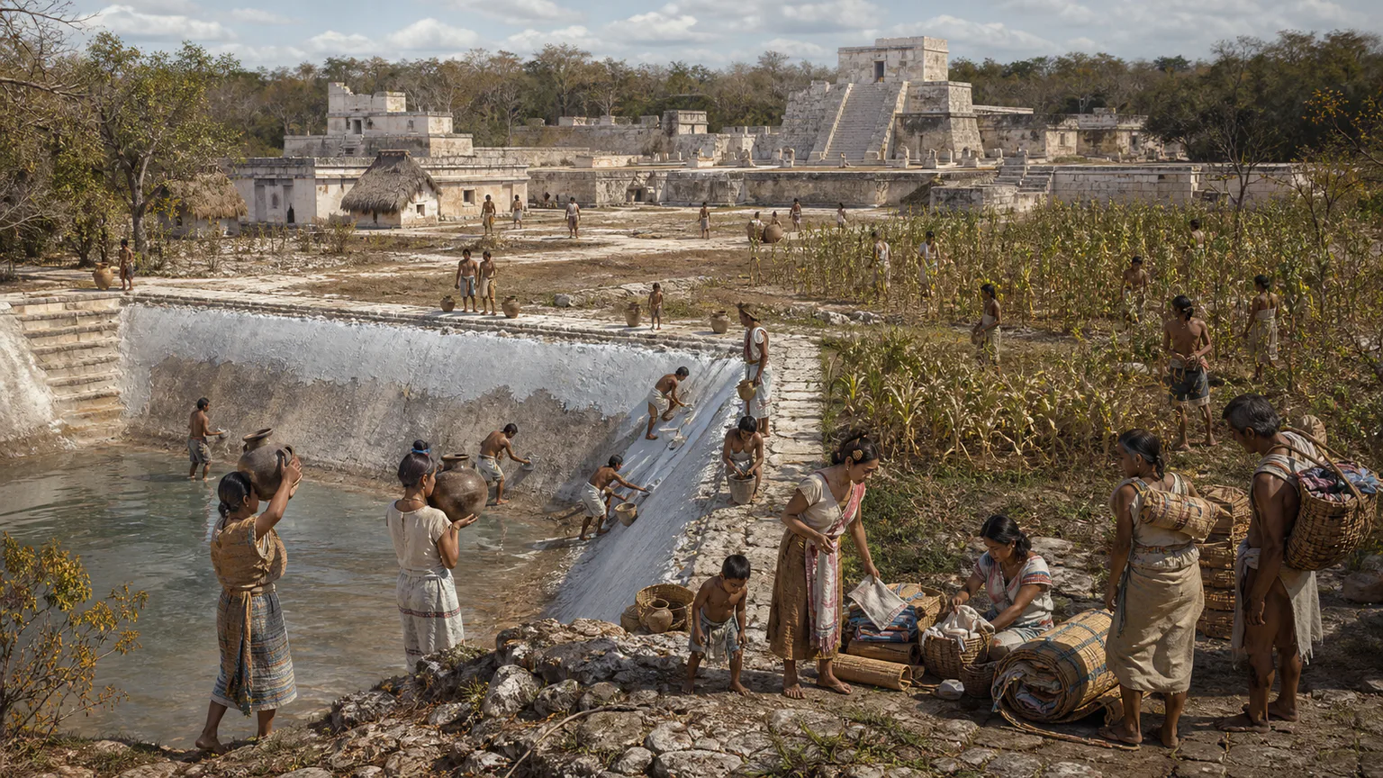 AI-generated evidence-guided visualization related to Climate stress and Classic Maya political change, c. 750-1000 CE.