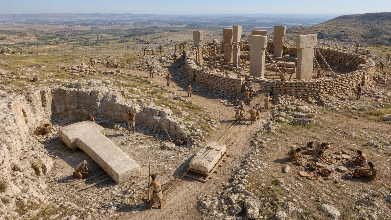 AI-generated evidence-guided visualization related to Monumental gathering before cities, c. 9600-8200 BCE.