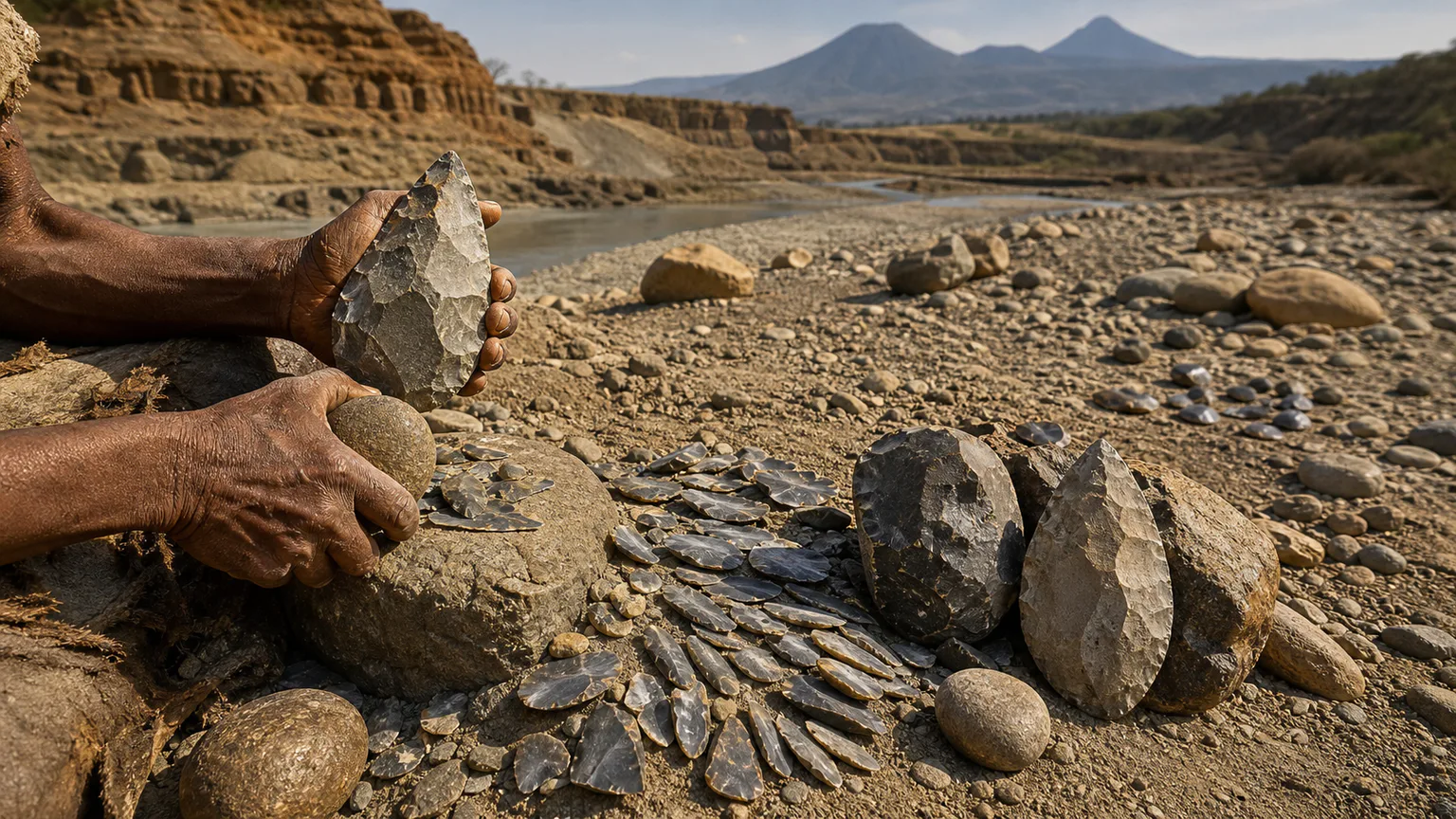 AI-generated evidence-guided visualization related to Oldowan and Acheulean tool traditions, c. 2.6 million-300,000 years ago.
