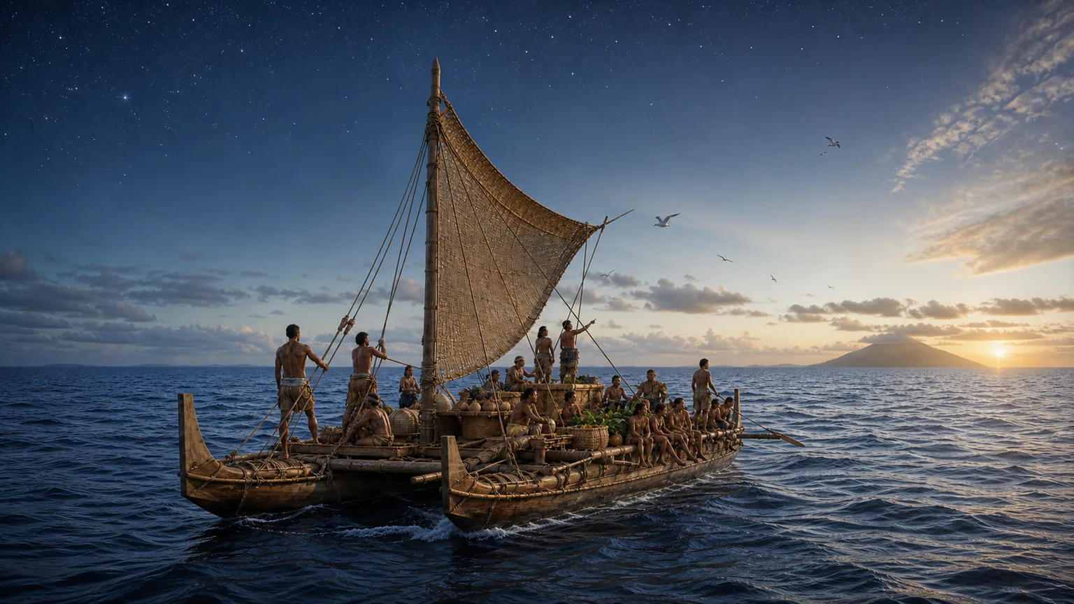 AI-generated evidence-guided visualization related to Polynesian wayfinding settled a vast ocean, c. 1000-1400 CE.