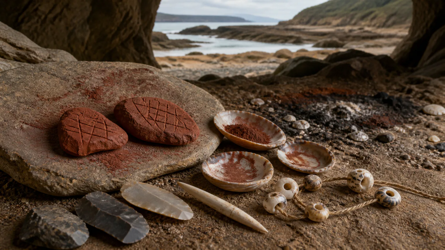 AI-generated evidence-guided visualization related to Material signs of symbolic communication, c. 100,000-40,000 BCE.