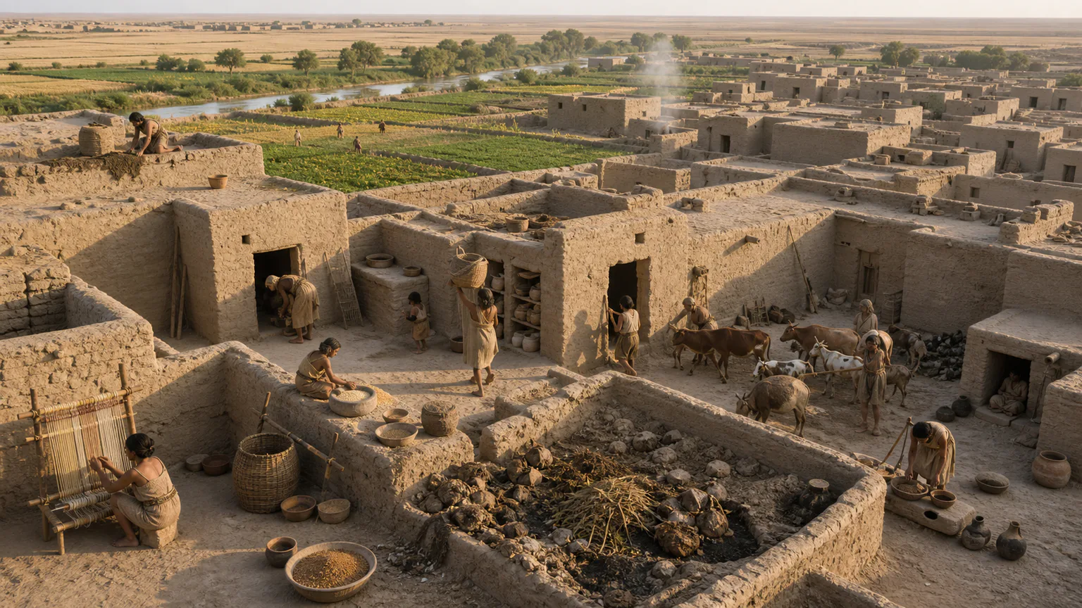 AI-generated evidence-guided visualization related to Village life reshaped health, labor and inequality, c. 9000-4000 BCE.