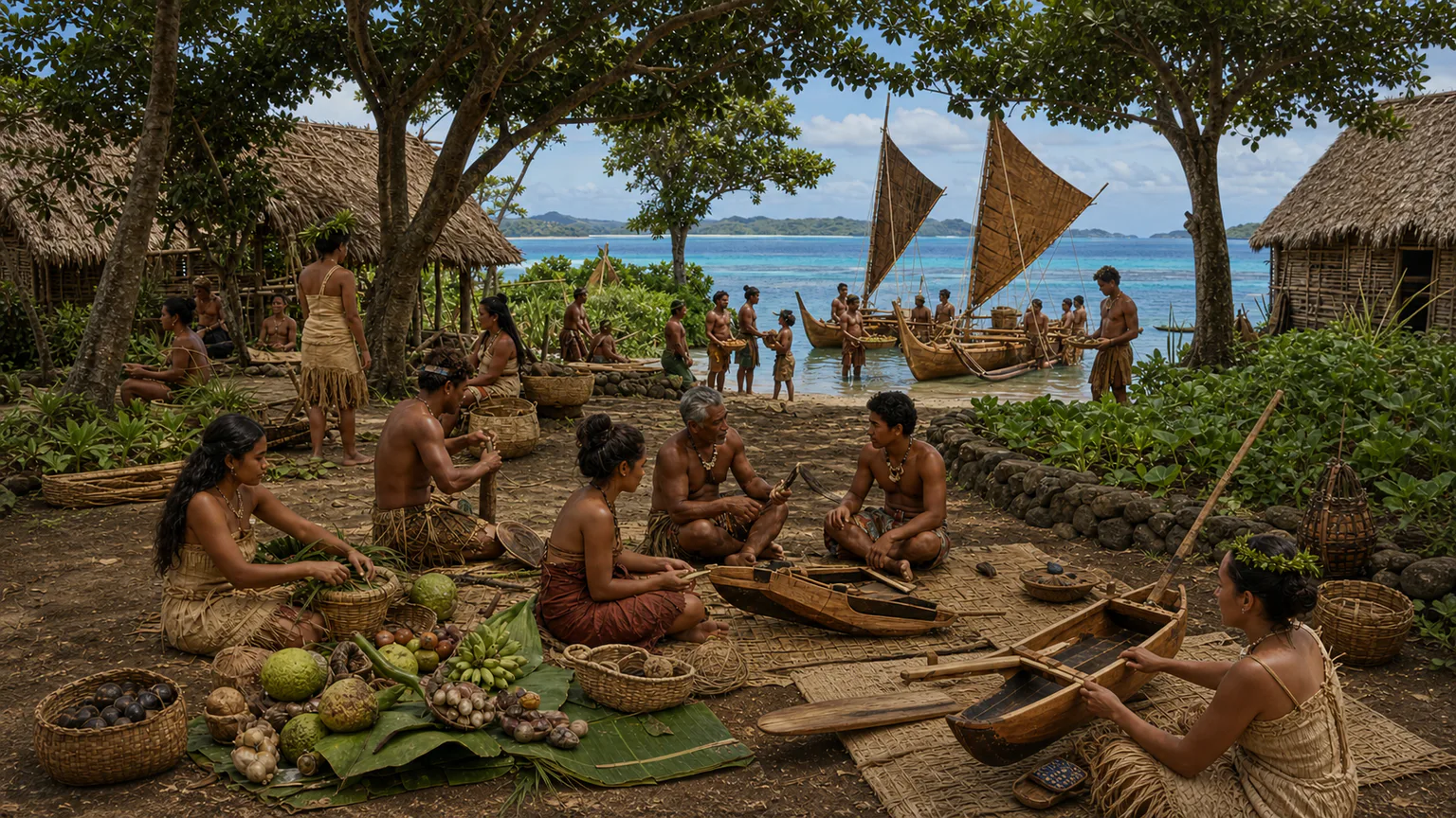 AI-generated evidence-guided visualization related to Formation of ancestral Polynesian languages, c. 1000 BCE-500 CE as a broad linguistic-development frame.