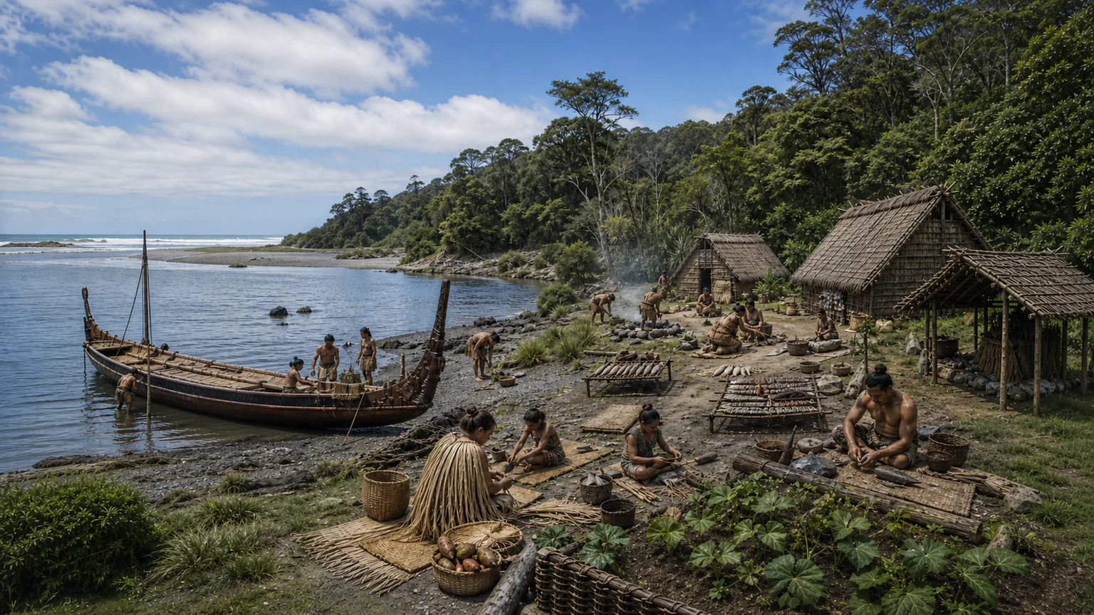 AI-generated evidence-guided visualization related to Polynesian settlement of Aotearoa, c. 1250-1300 CE in current archaeological synthesis.