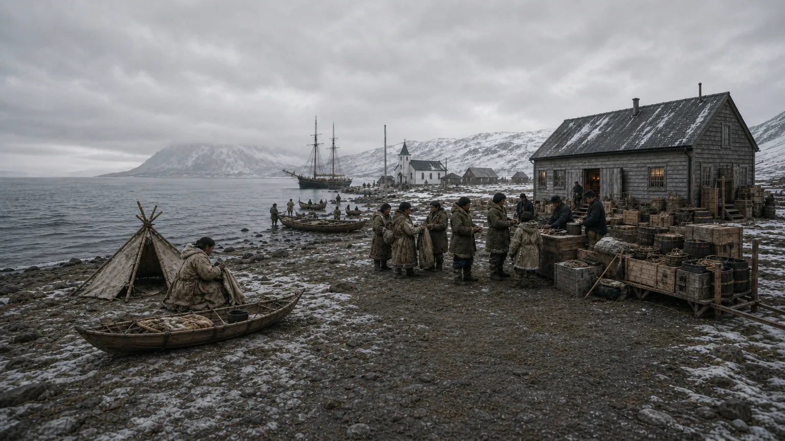 AI-generated evidence-guided visualization related to Arctic trade, missions and colonial transformations, c. 1700-1950 CE, with different regional chronologies.