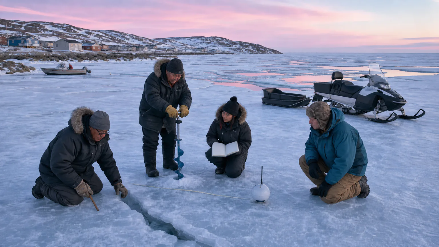 AI-generated evidence-guided visualization related to Rapid Arctic sea-ice change, 1979 CE-present satellite record, with much longer Indigenous observation.