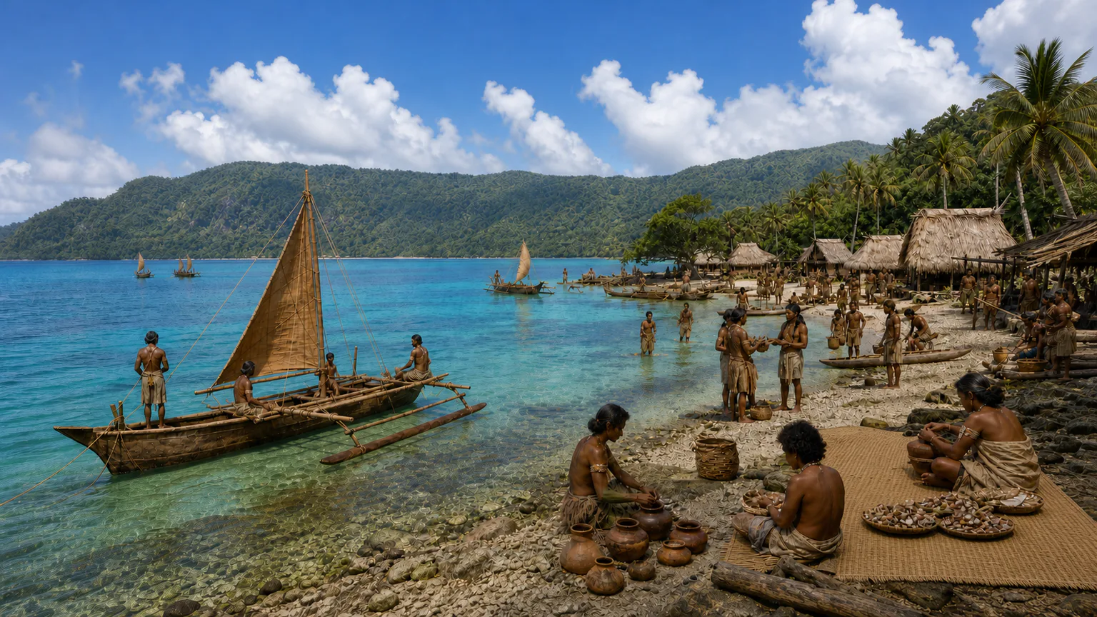AI-generated evidence-guided visualization related to Austronesian-speaking movements into the western Pacific, c. 1600-1200 BCE; routes and rates varied.