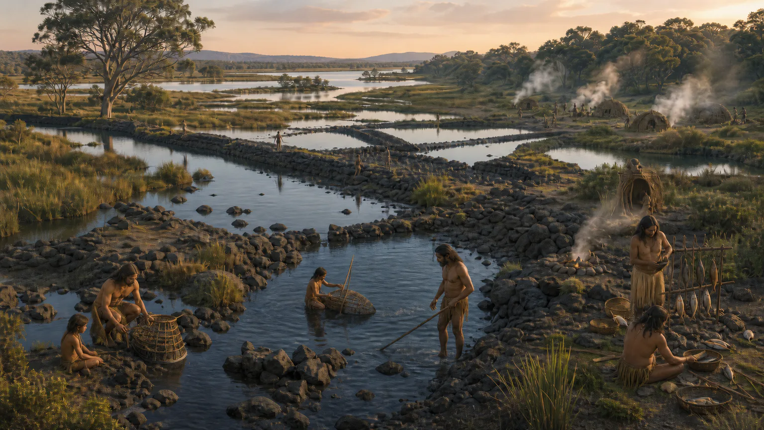 AI-generated evidence-guided visualization related to Budj Bim kooyang aquaculture, At least c. 4600 BCE-present cultural continuity.