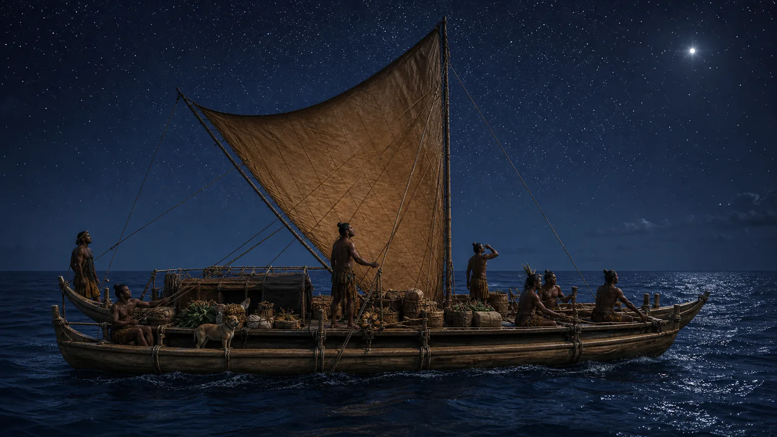 AI-generated evidence-guided visualization related to East Polynesian voyaging and settlement, c. 900-1300 CE; island chronologies differ and continue to be refined.