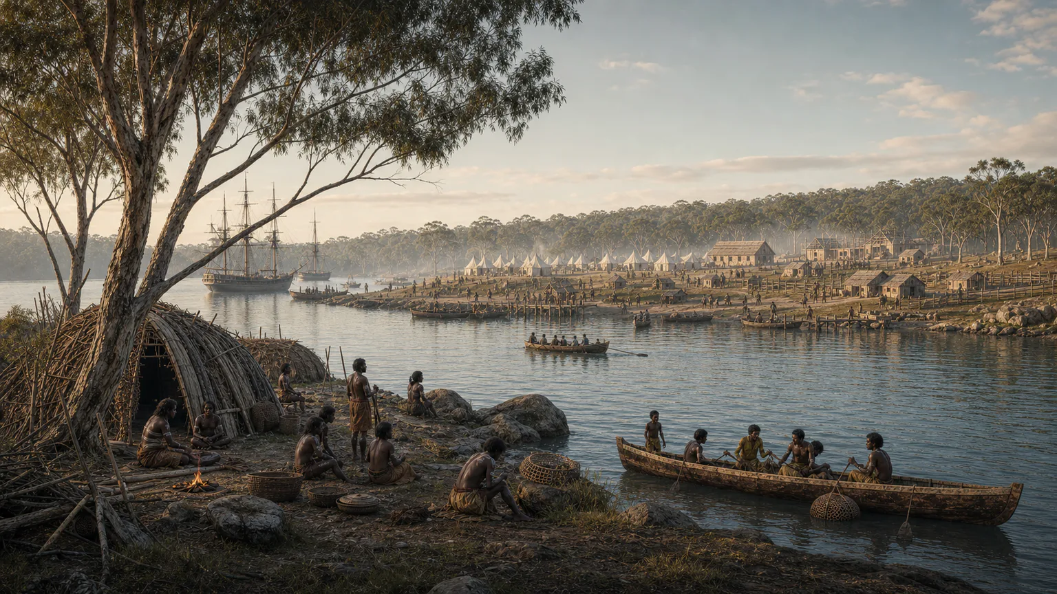 AI-generated evidence-guided visualization related to First Fleet, Eora dispossession and resistance, 1788-1802 CE for the first settlement and Pemulwuy's documented resistance.