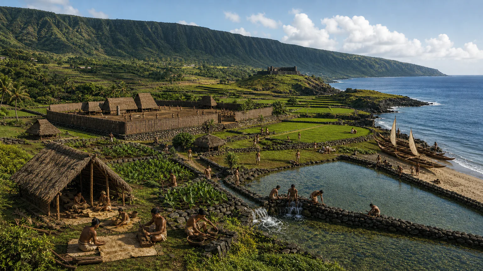 AI-generated evidence-guided visualization related to Hawaiian chiefly and sacred landscapes, c. 1400-1810 CE for major chiefly consolidation through Kamehameha I.
