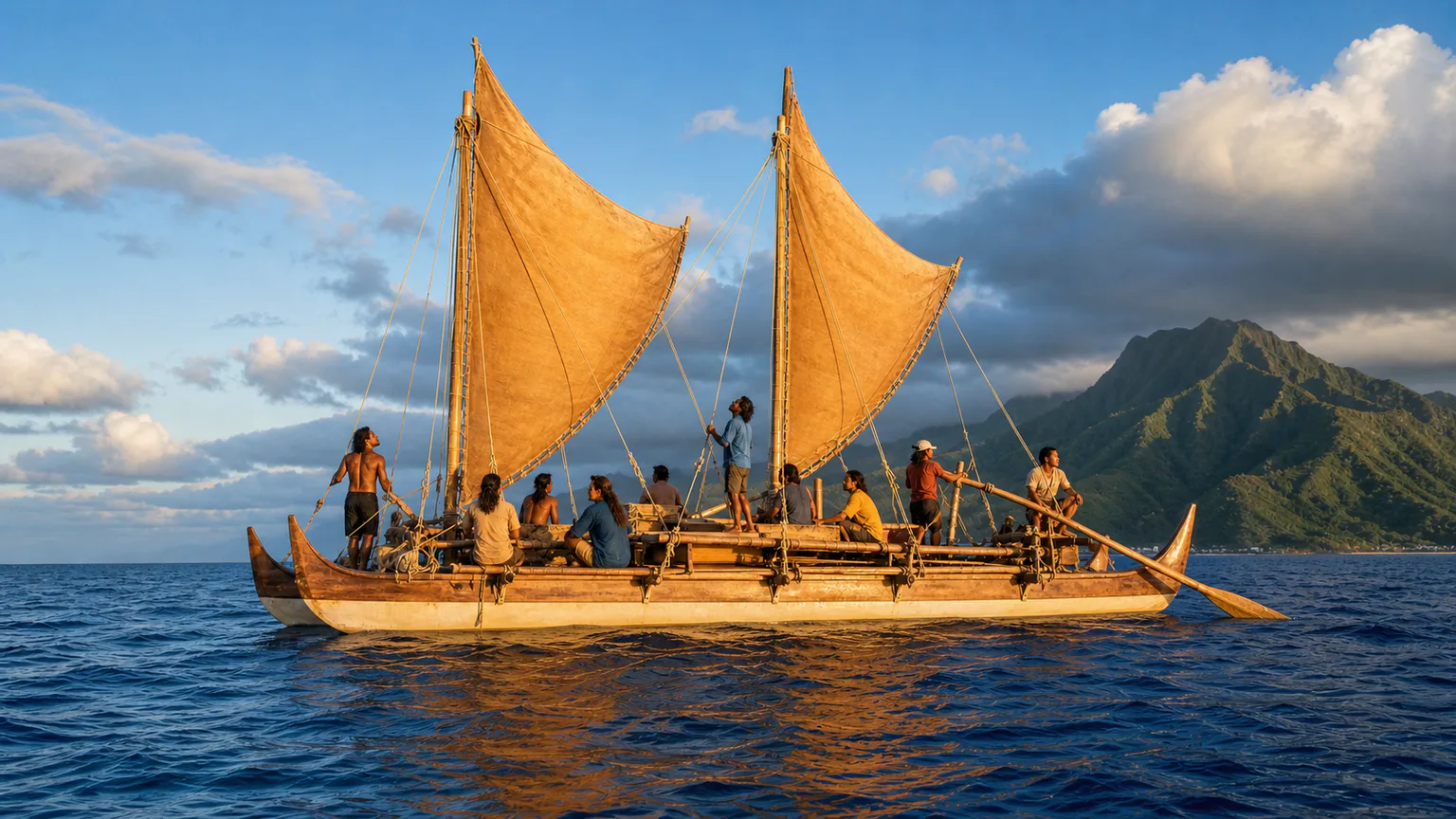 AI-generated evidence-guided visualization related to Hōkūleʻa and the wayfinding renaissance, 1975 CE-present.