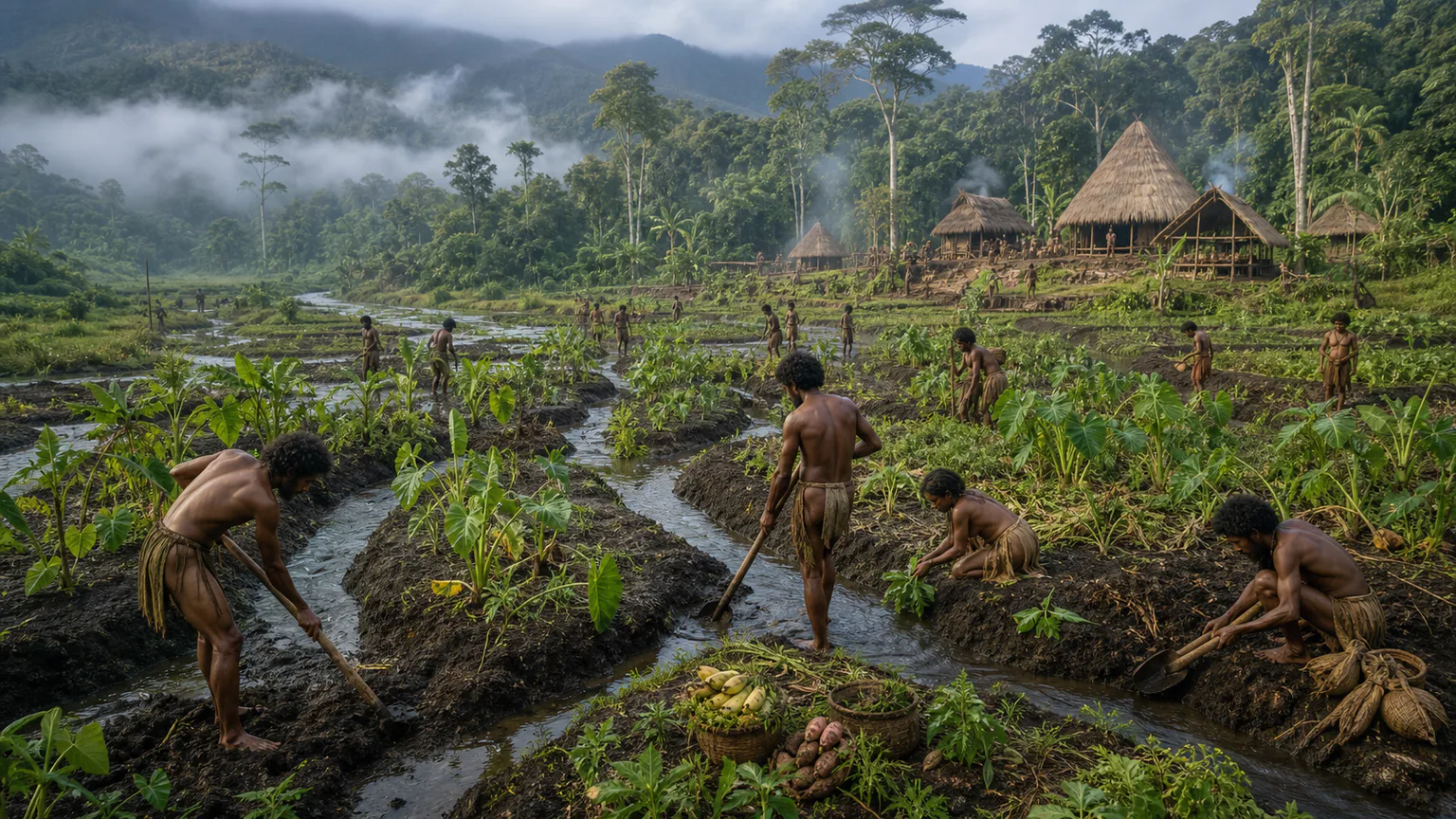 AI-generated evidence-guided visualization related to Kuk highland cultivation, c. 8000-4000 BCE, with later cultivation continuing.