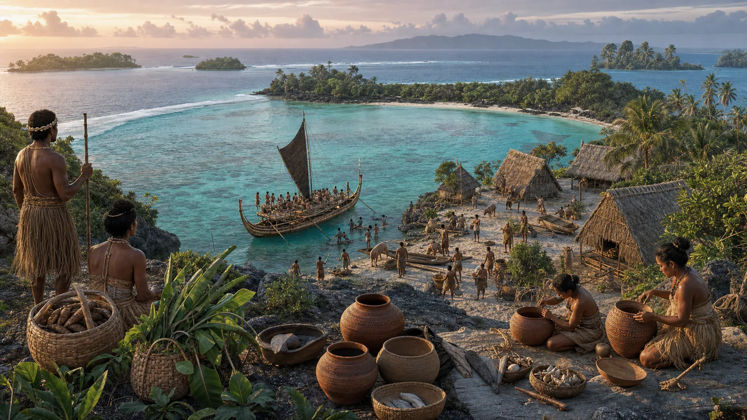 AI-generated evidence-guided visualization related to Lapita dispersal into Remote Oceania, c. 1350-750 BCE, with regional chronologies differing.
