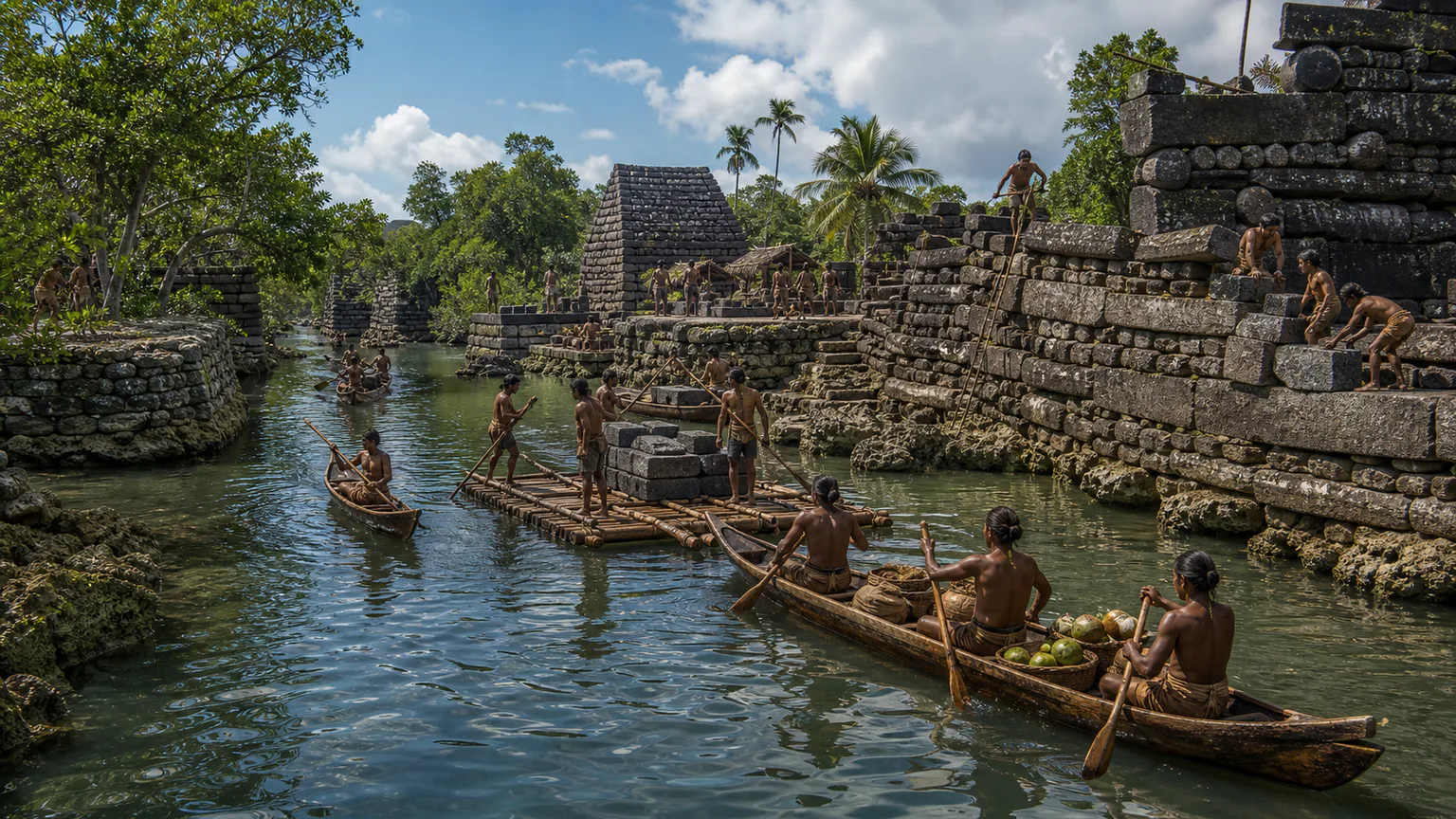 AI-generated evidence-guided visualization related to Nan Madol and the Saudeleur dynasty, c. 1200-1500 CE for the main monumental center.