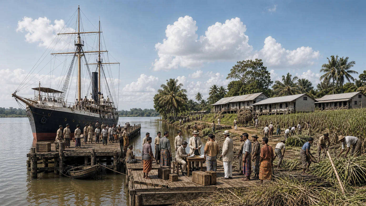 AI-generated evidence-guided visualization related to Pacific Islander labor trade and blackbirding, 1863-1904 CE for large-scale recruitment into Queensland.