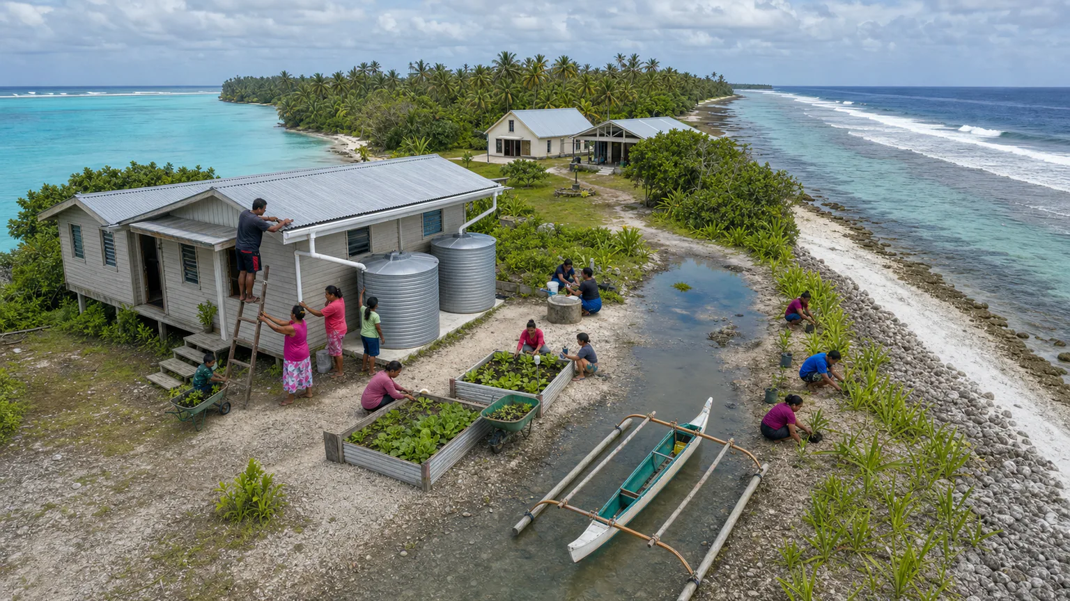 AI-generated evidence-guided visualization related to Pacific small-island climate frontlines, 2000 CE-present, within a longer history of climate variability and adaptation.
