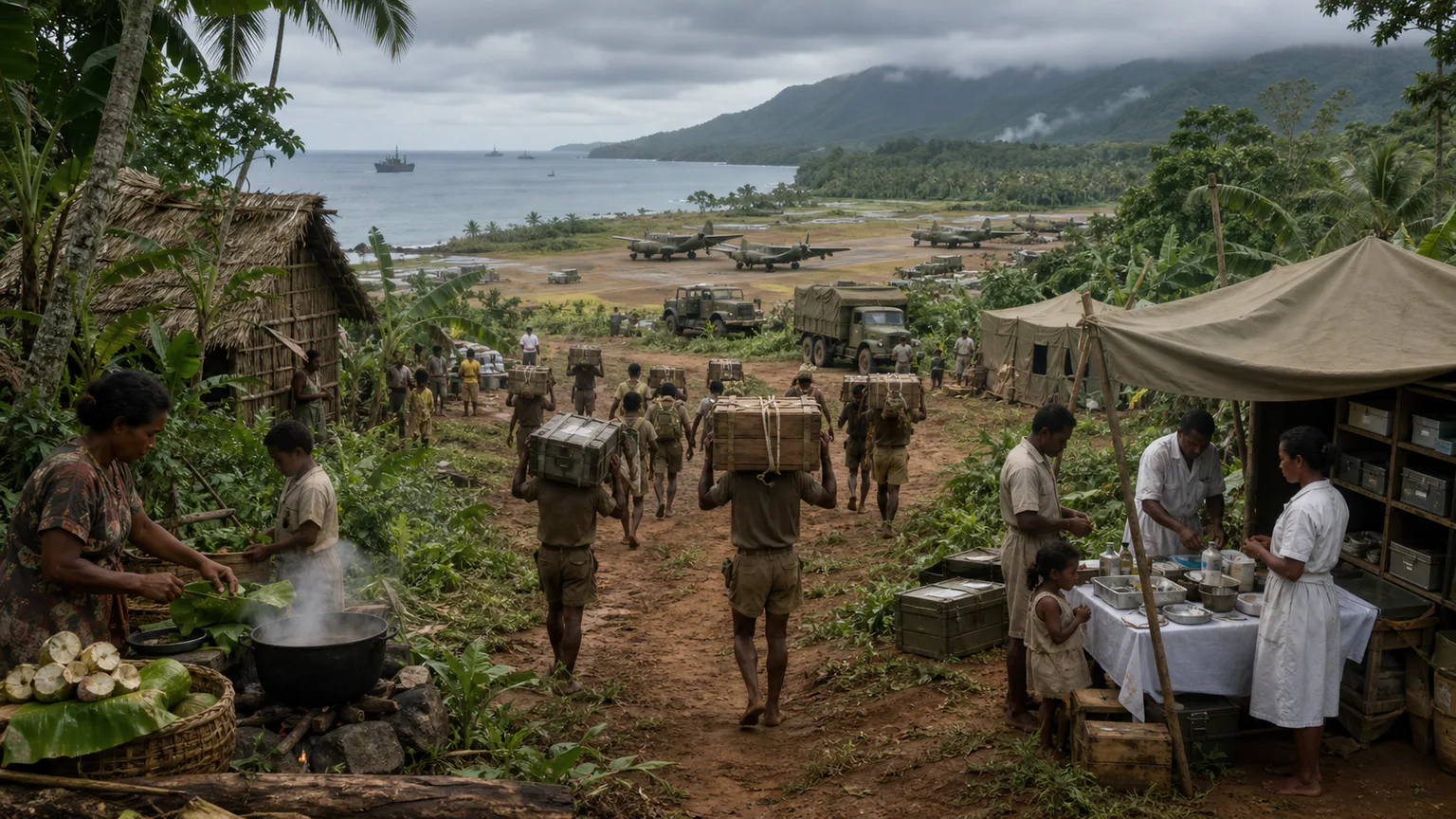 AI-generated evidence-guided visualization related to Pacific War across island homelands, 1941-1945 CE.