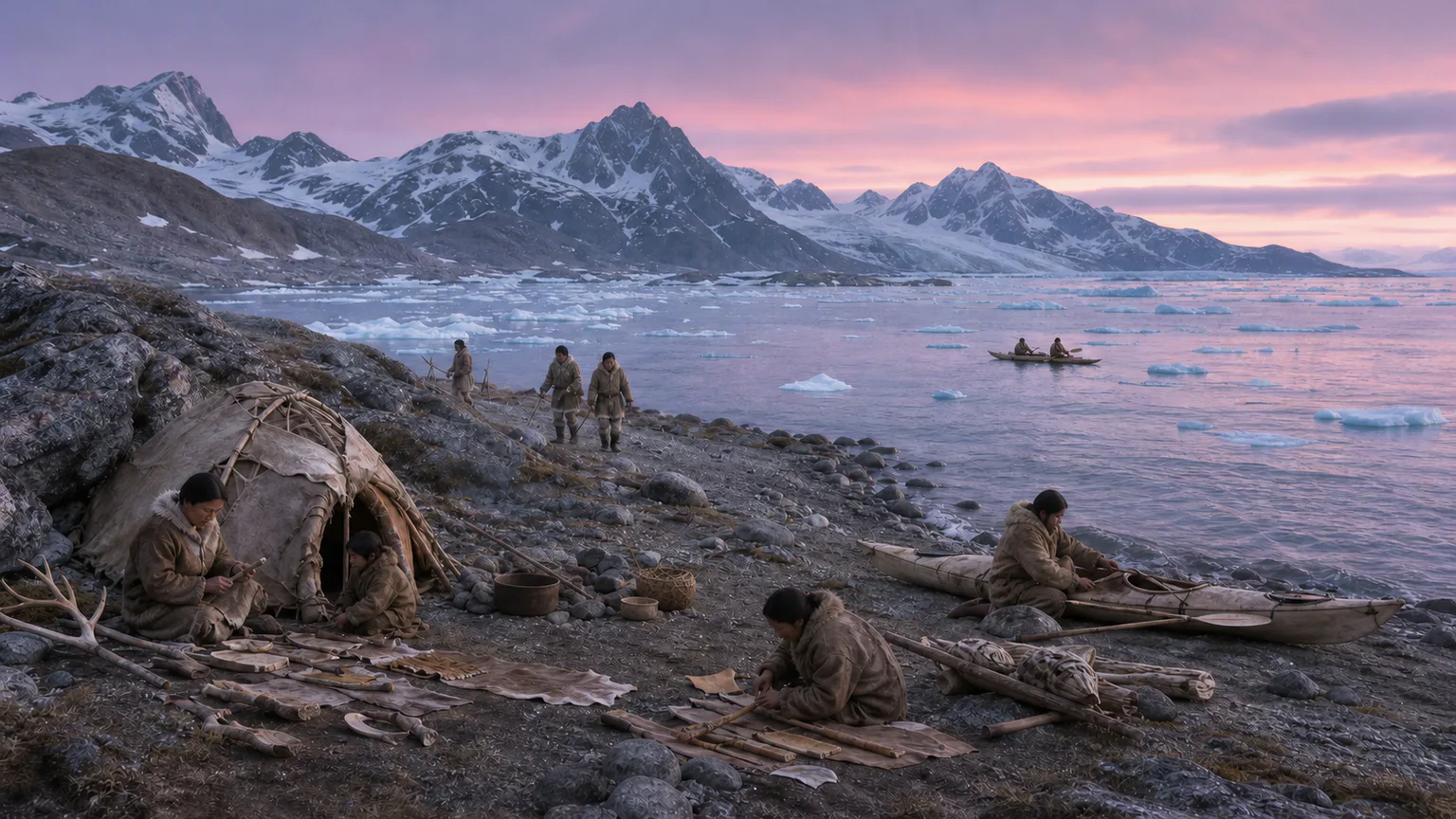 AI-generated evidence-guided visualization related to Paleo-Inuit movement through West Greenland, c. 2500 BCE-1 CE, including Saqqaq and Dorset phases.