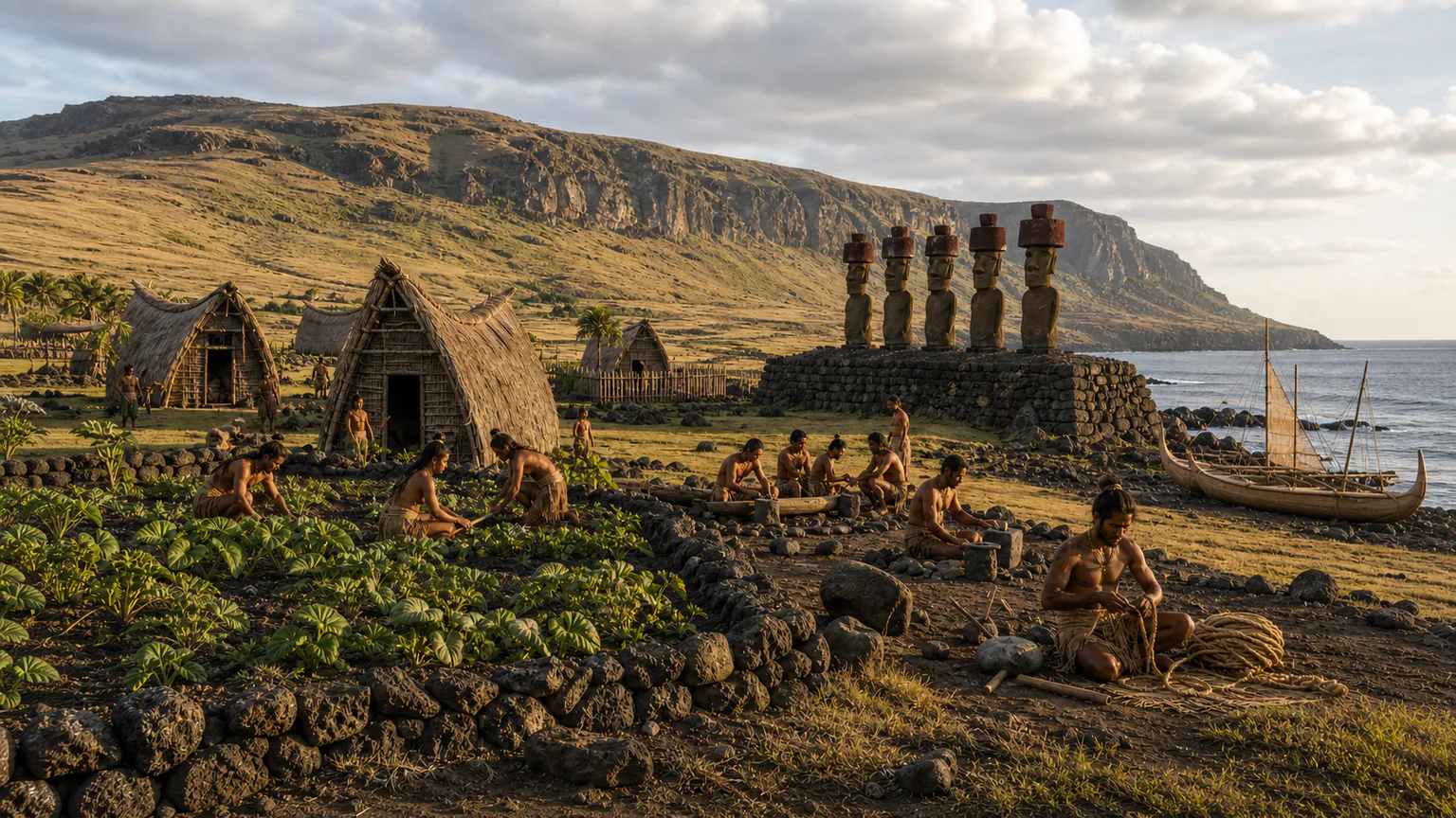 AI-generated evidence-guided visualization related to Rapa Nui settlement, gardens, ahu and moai, Settlement by c. 1200 CE; chronology remains refined, and Rapa Nui life continued after 1722.