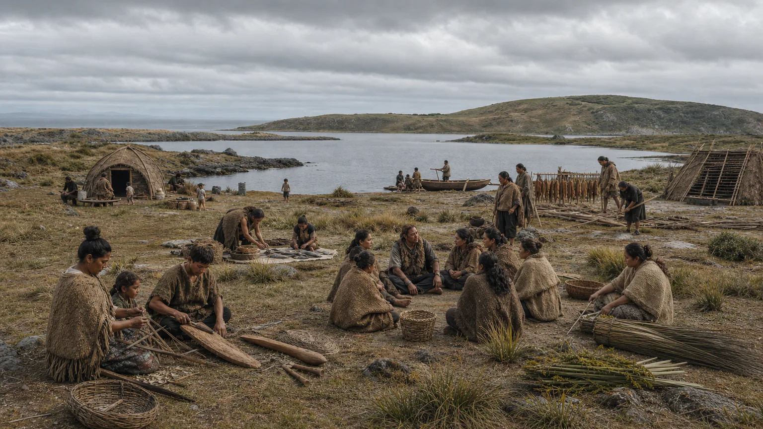 AI-generated evidence-guided visualization related to Moriori settlement of Rēkohu and Nunuku's covenant, Settlement chronology is debated; Moriori tradition and archaeology support generations before the 1835 invasion.