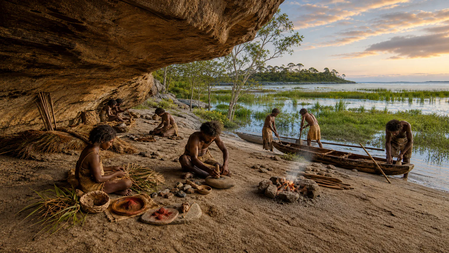 AI-generated evidence-guided visualization related to Sea crossings into Sahul and Madjedbebe, c. 65,000-50,000 years ago; the earliest chronology remains actively tested.