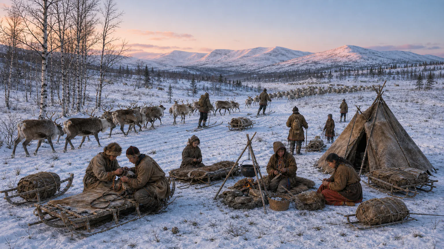AI-generated evidence-guided visualization related to Sámi reindeer pastoralism across state borders, c. 1500 CE-present for large-scale seasonal herding systems, with older roots.