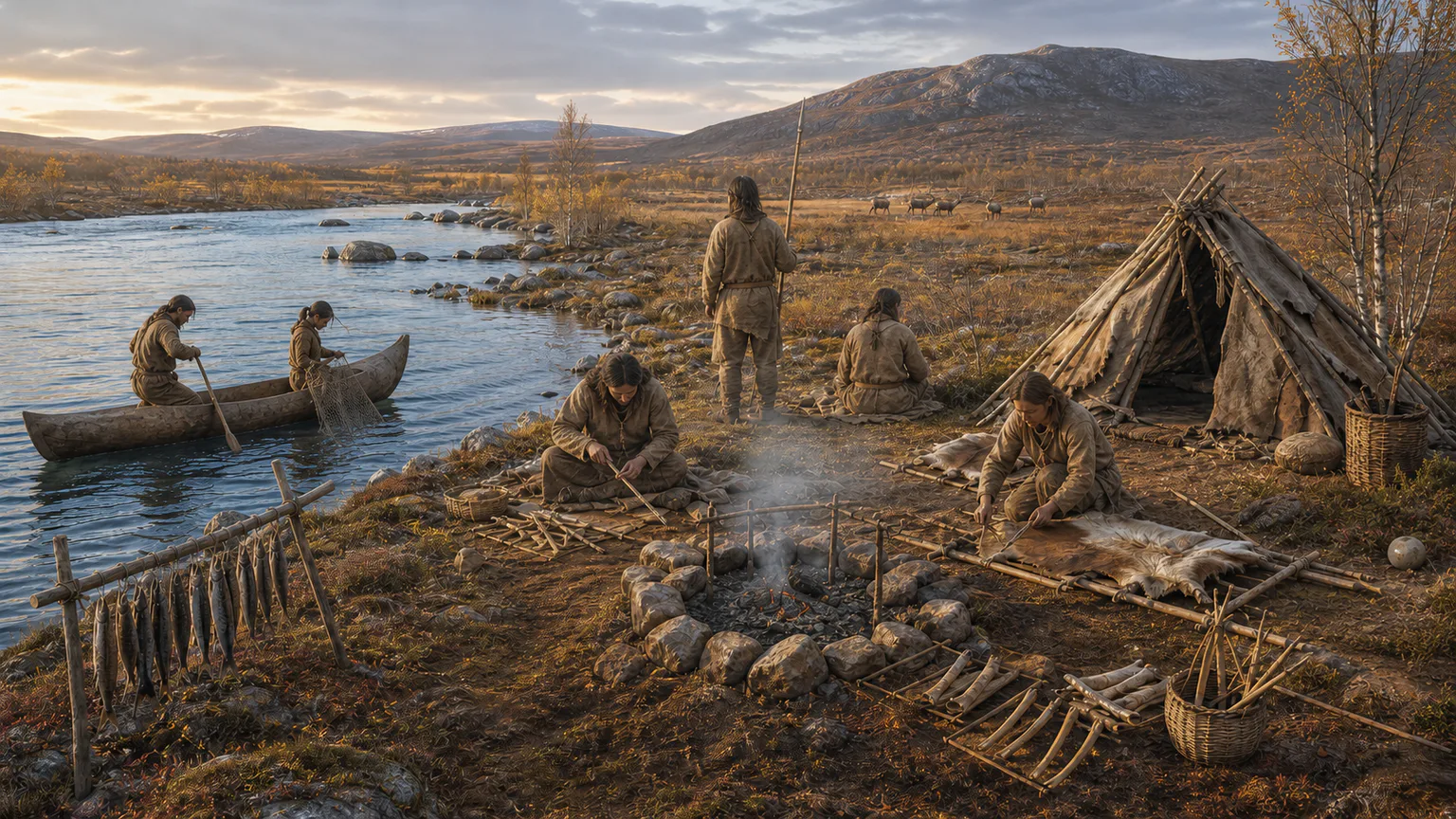 AI-generated evidence-guided visualization related to Early occupation across the Laponian landscape, Archaeological evidence from c. 5000 BCE; later Sámi continuities require phase-by-phase care.