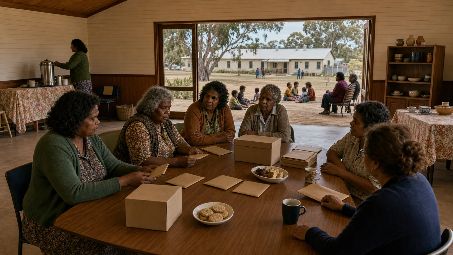 AI-generated evidence-guided visualization related to Stolen Generations and child-removal systems, c. 1910-1970 CE as a broad frame; laws and practices differed by jurisdiction.