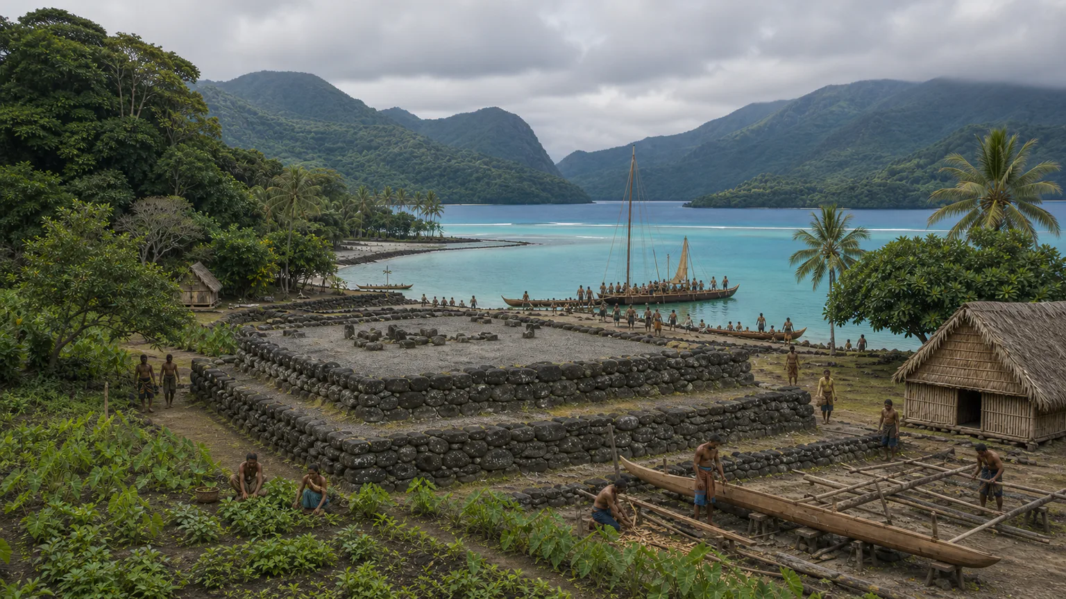 AI-generated evidence-guided visualization related to Taputapuātea sacred and political seascape, c. 1000-1760 CE for major precolonial development; the place remains living.
