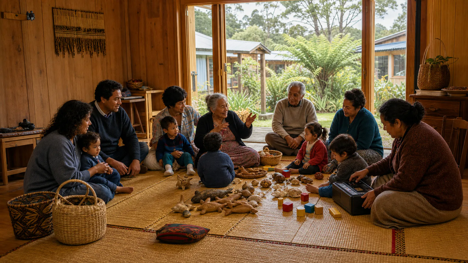 AI-generated evidence-guided visualization related to Te reo Māori recognition and revitalization, 1972 CE-present, within a longer history of Māori language advocacy and ancestral continuity.