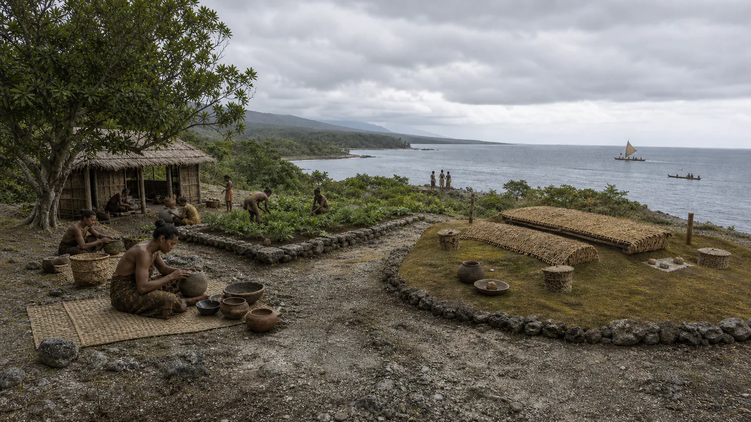 AI-generated evidence-guided visualization related to Teouma Lapita community and cemetery, c. 1050-900 BCE; calibrated ranges vary by study.