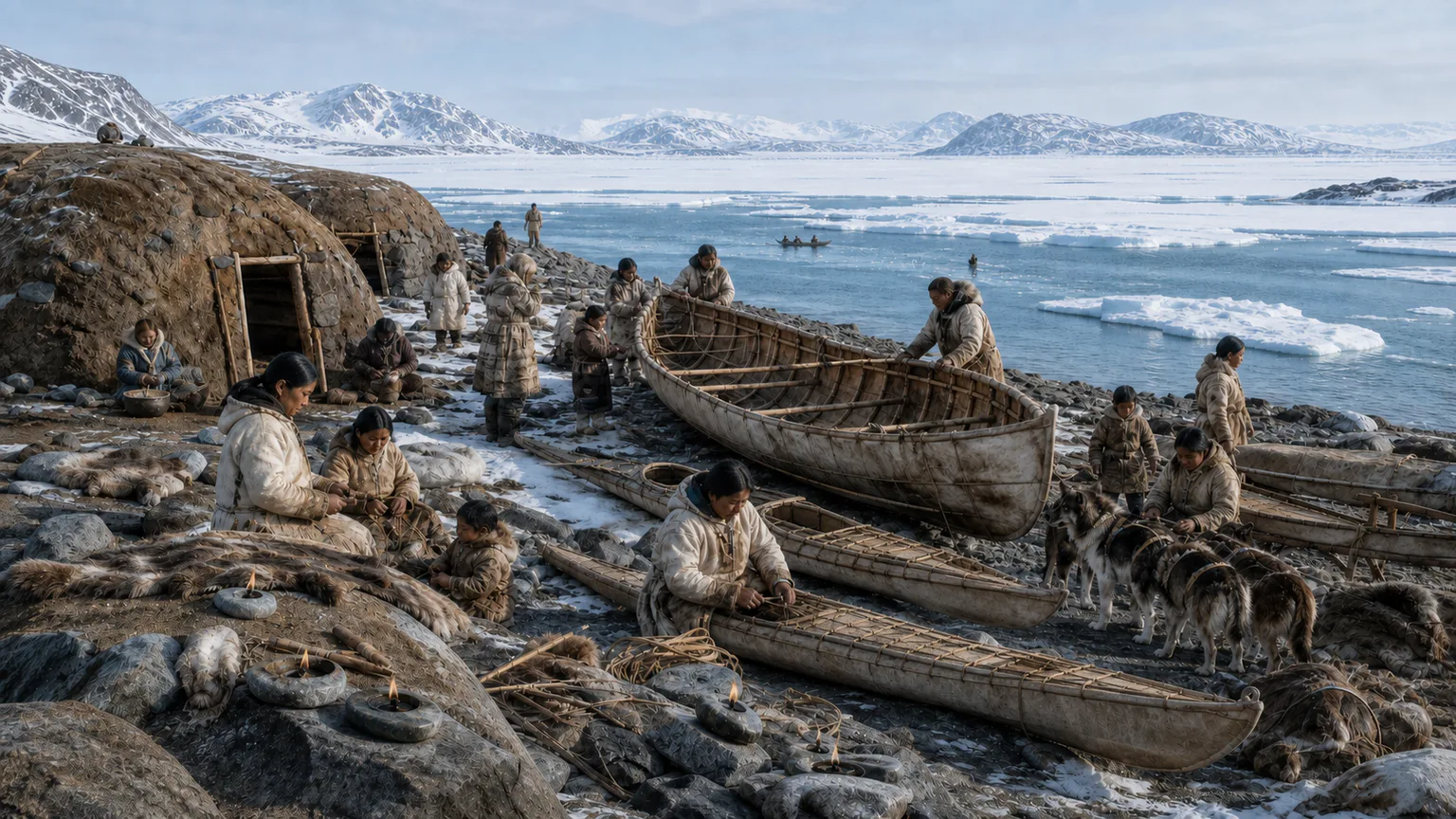 AI-generated evidence-guided visualization related to Thule-Inuit eastward maritime expansion, c. 1000-1500 CE; timing differs across the Arctic.