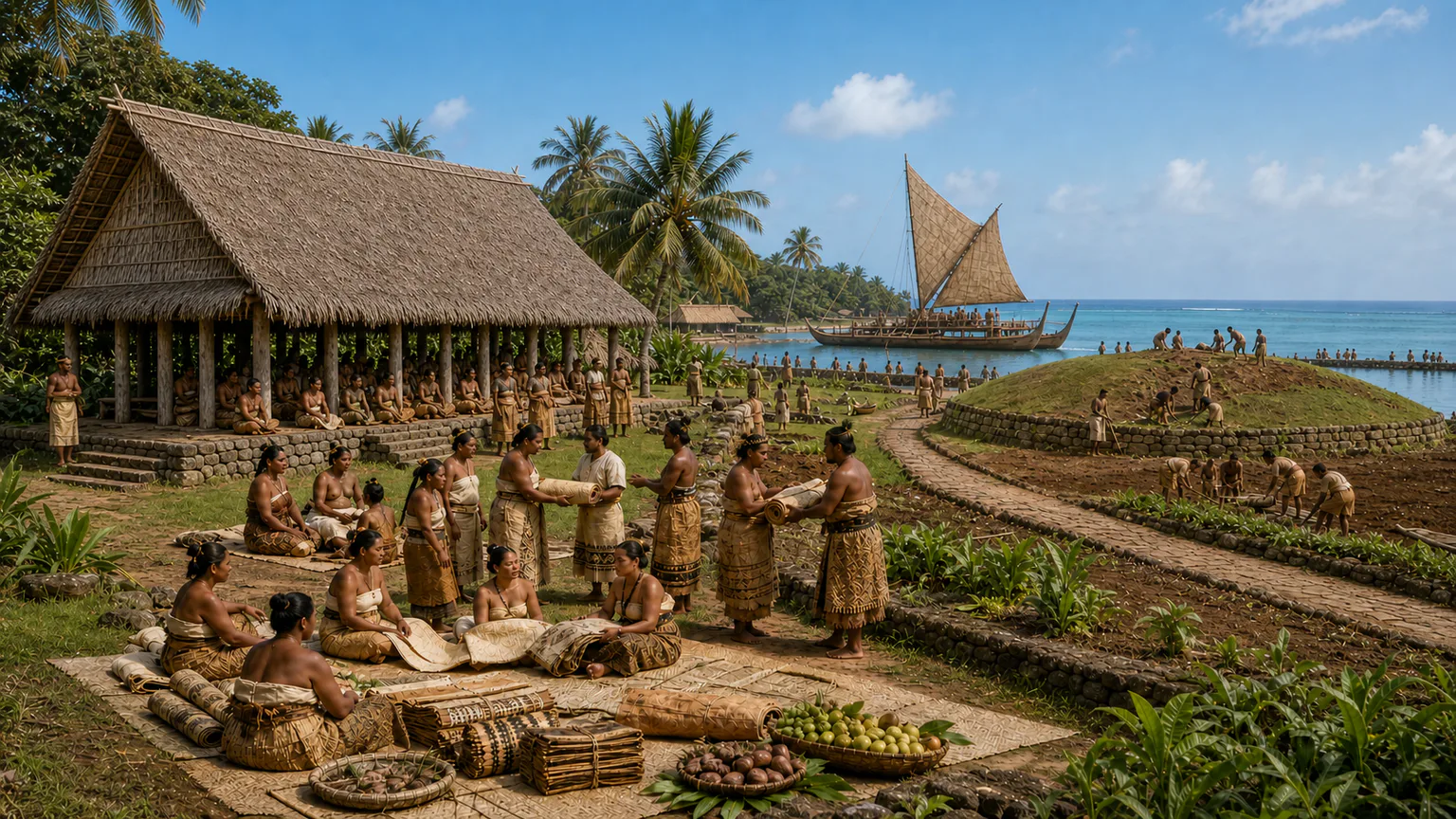 AI-generated evidence-guided visualization related to Tuʻi Tonga maritime polity, c. 950-1865 CE for the Tuʻi Tonga title and its changing political roles.