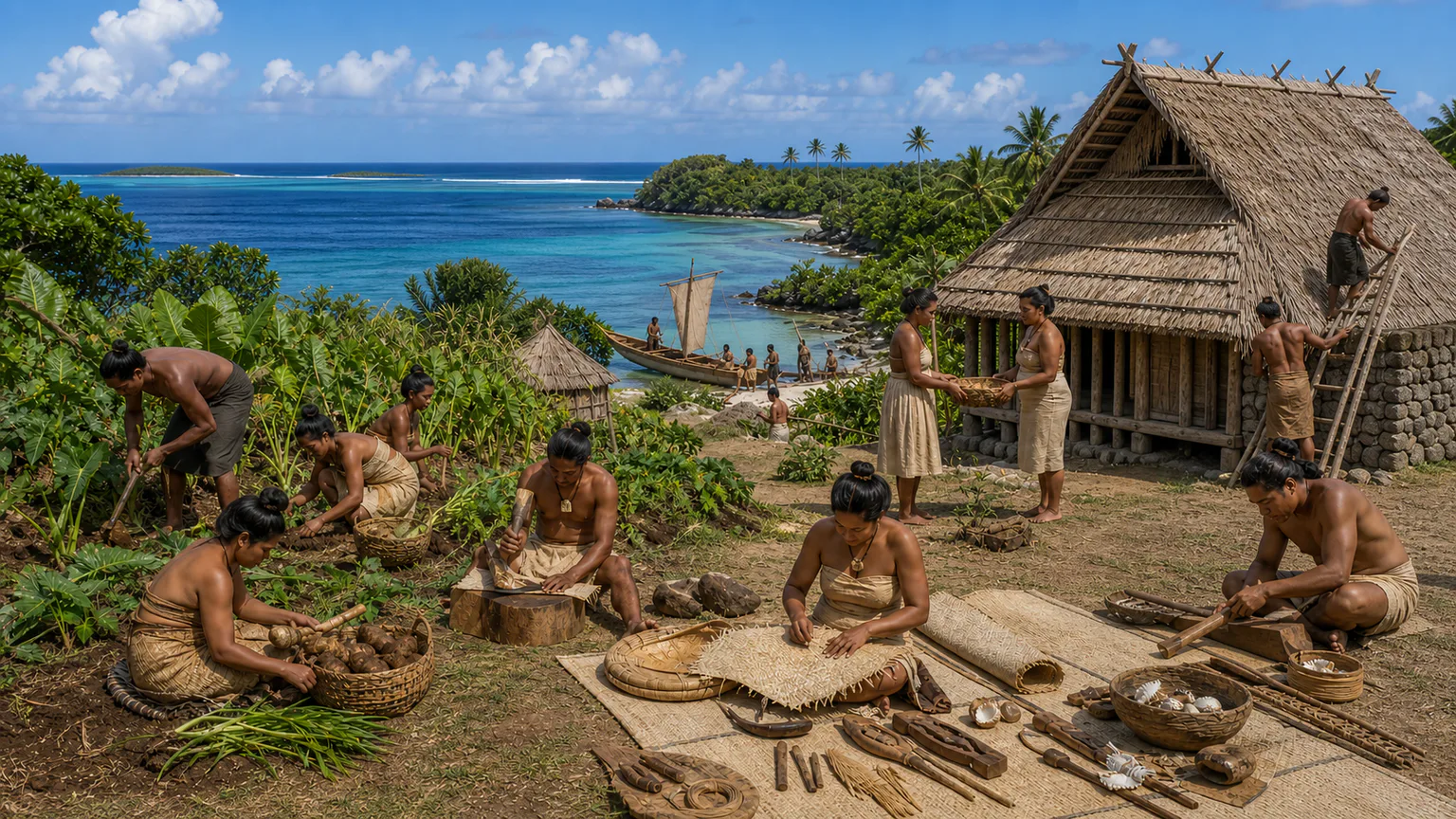 AI-generated evidence-guided visualization related to Western Polynesian settlement and exchange networks, c. 900 BCE-900 CE, multiple regional phases.