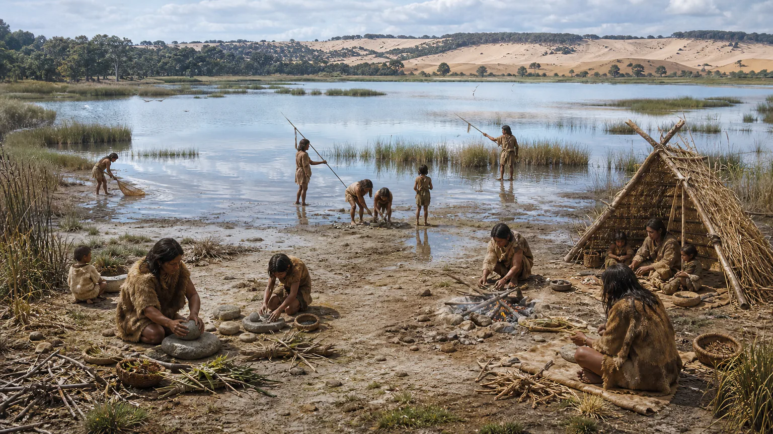 AI-generated evidence-guided visualization related to Willandra Lakes lifeways and burials, At least c. 45,000 years ago to c. 18,000 years ago for the Pleistocene evidence highlighted here.