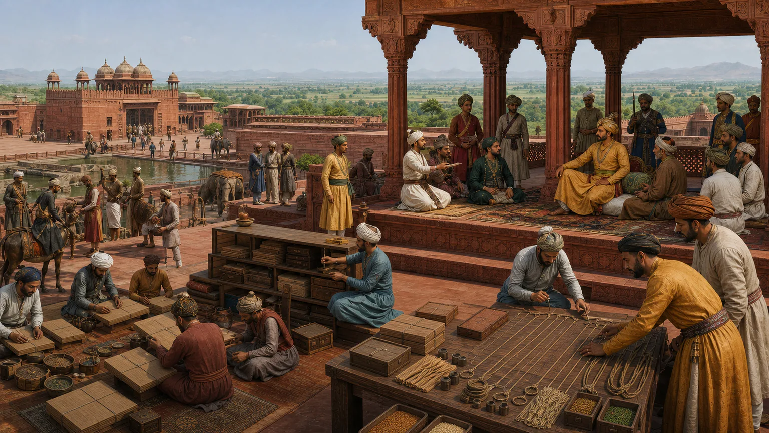 AI-generated evidence-guided visualization related to Akbar's court and imperial reforms, reign 1556-1605 CE.