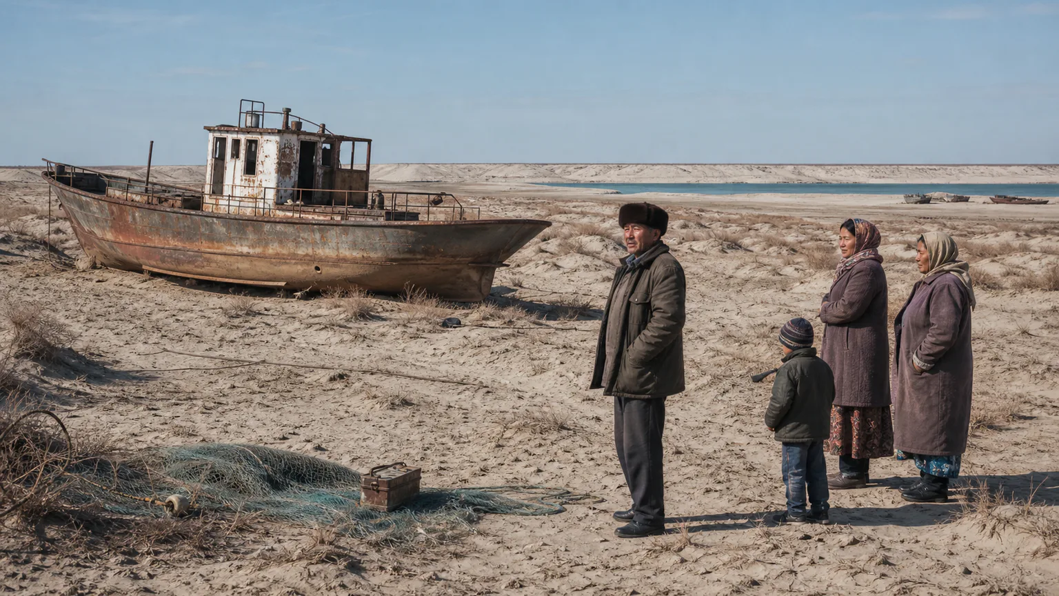 AI-generated evidence-guided visualization related to Aral Sea environmental disaster, c. 1960-present.