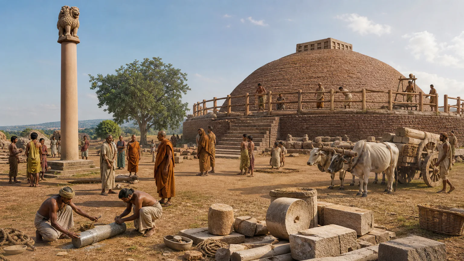 AI-generated evidence-guided visualization related to Ashoka, edicts and Sanchi, reign c. 268-232 BCE; regnal dates vary slightly.