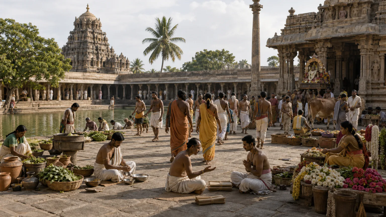 AI-generated evidence-guided visualization related to Tamil Shaiva and Vaishnava devotional networks, c. 600-1200 CE.