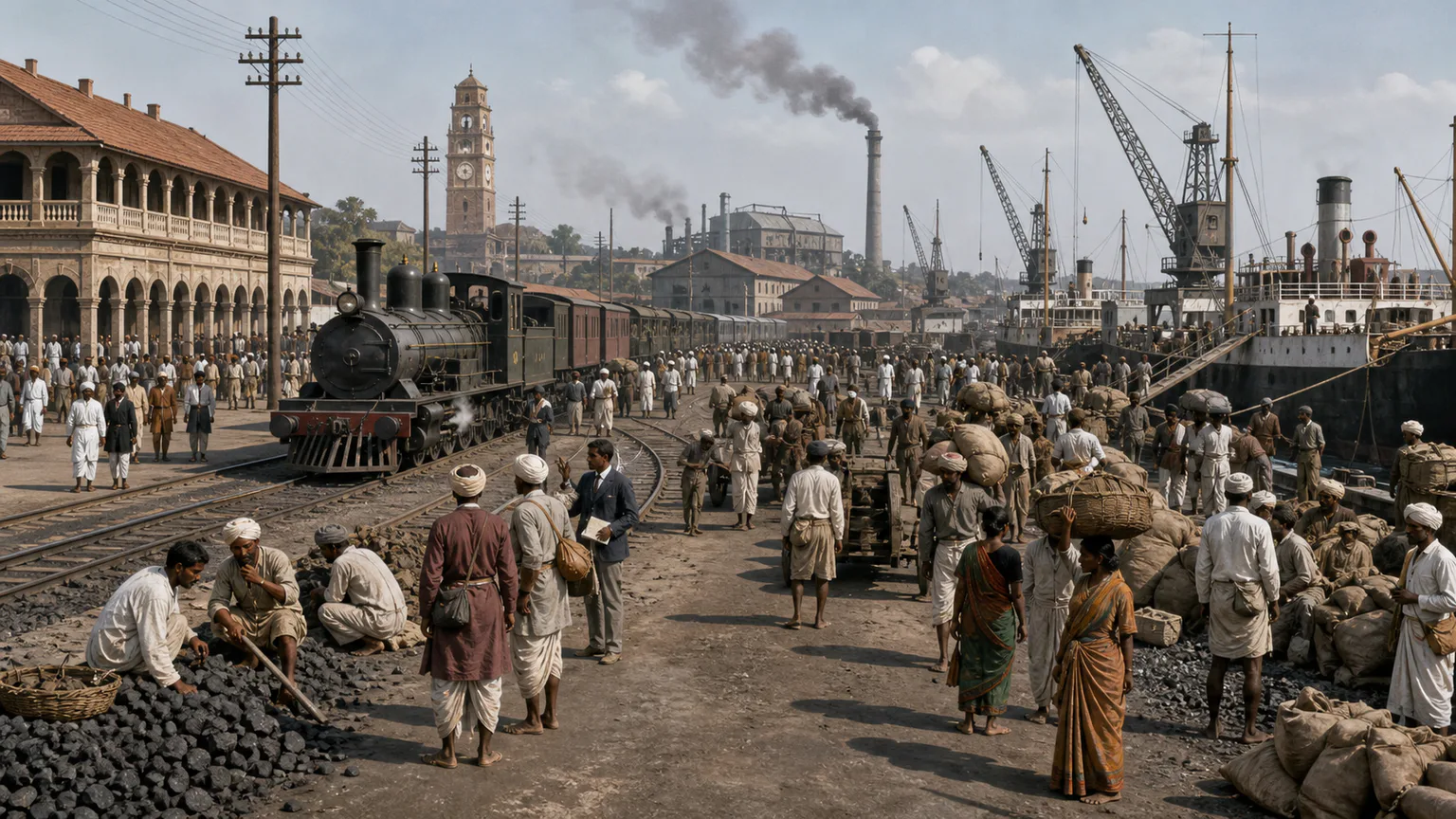 AI-generated evidence-guided visualization related to British Raj, labor and railways, 1858-1947 CE.