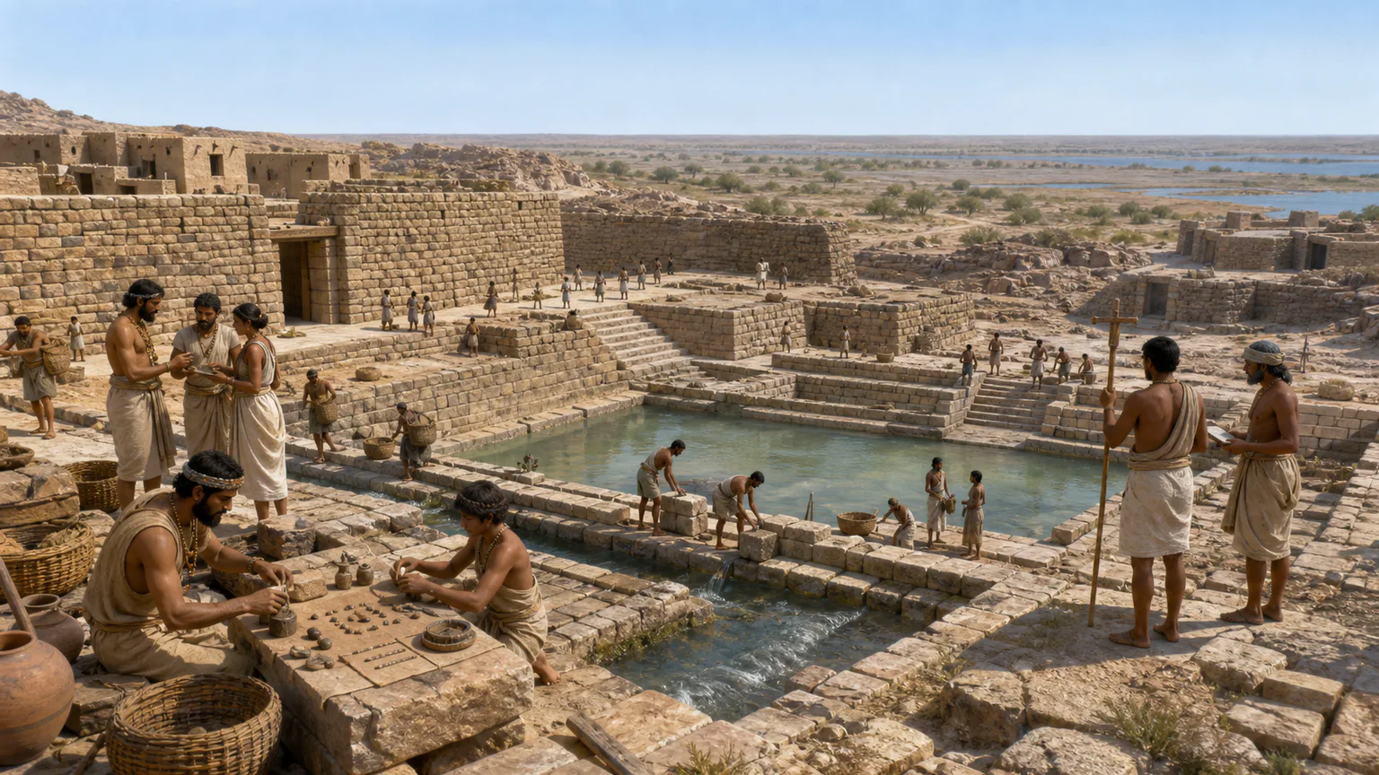 AI-generated evidence-guided visualization related to Dholavira water engineering, mainly c. 2600-1900 BCE within a longer c. 3000-1500 BCE occupation.